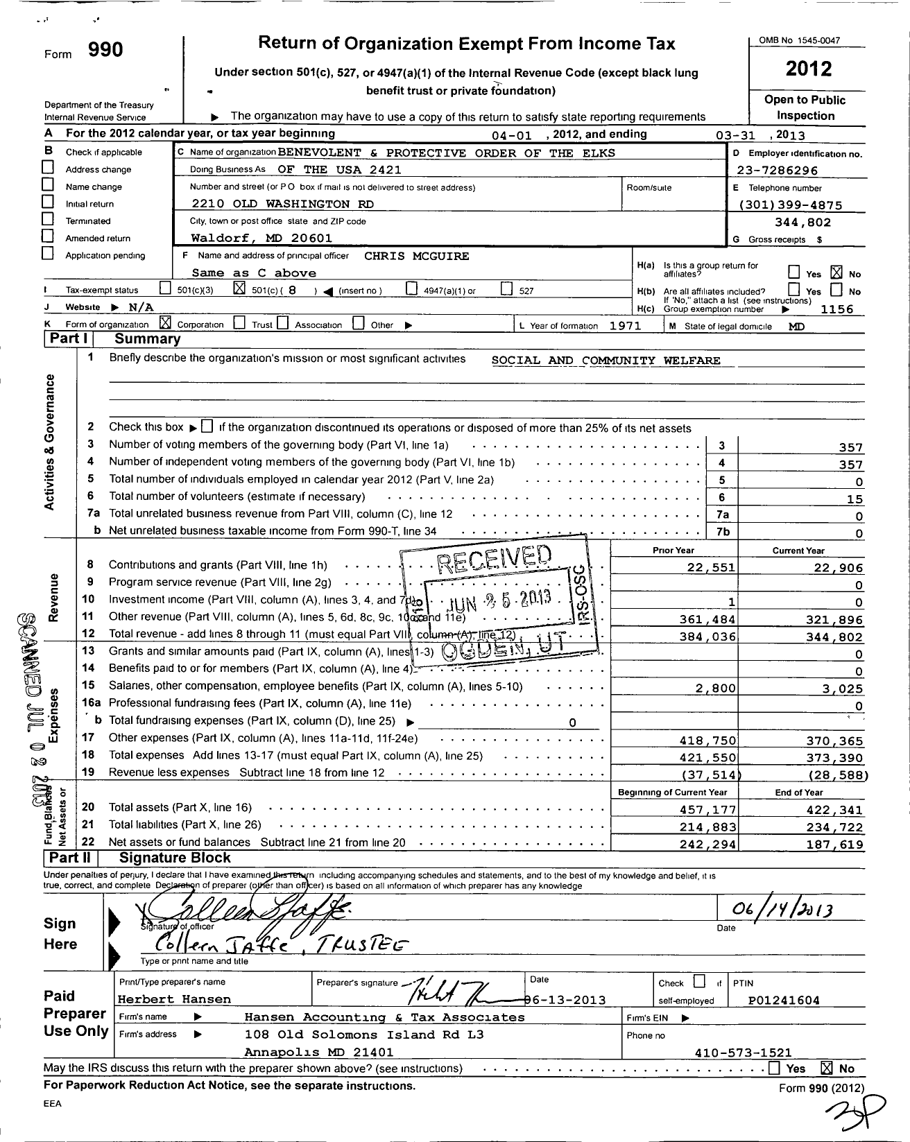 Image of first page of 2012 Form 990O for Benevolent and Protective Order of Elks - 2421 Waldorf