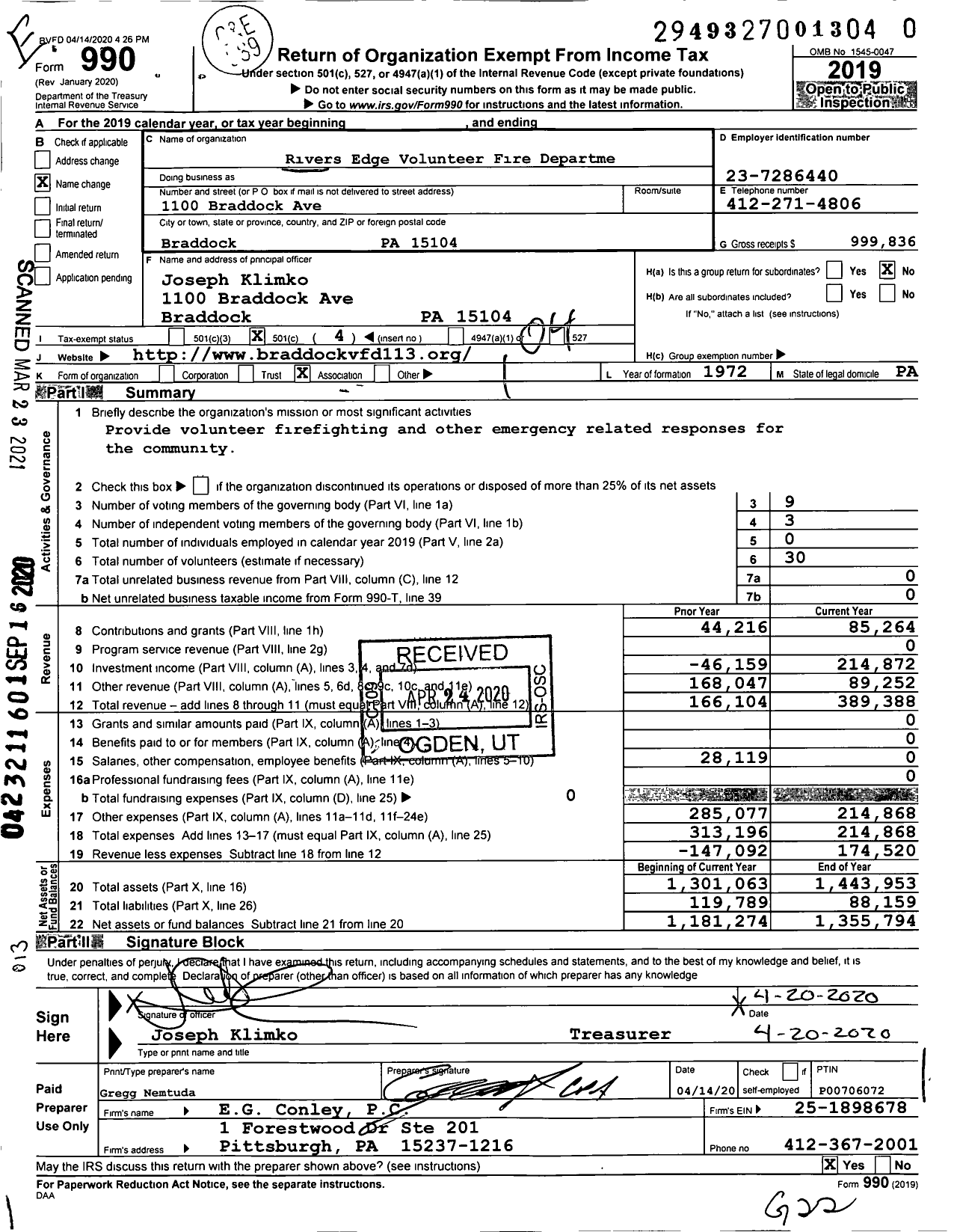 Image of first page of 2019 Form 990O for Rivers Edge Volunteer Fire Departme