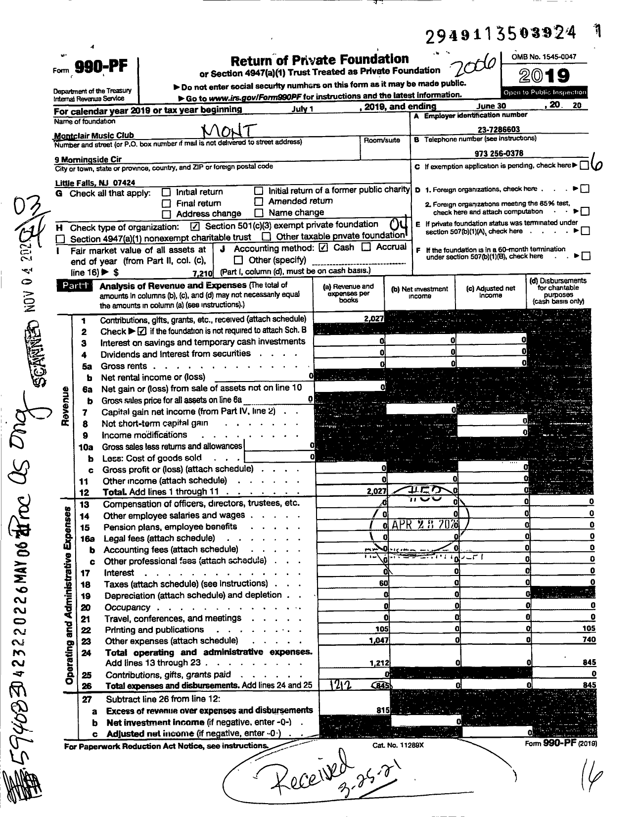 Image of first page of 2019 Form 990PF for Montclair Music Club