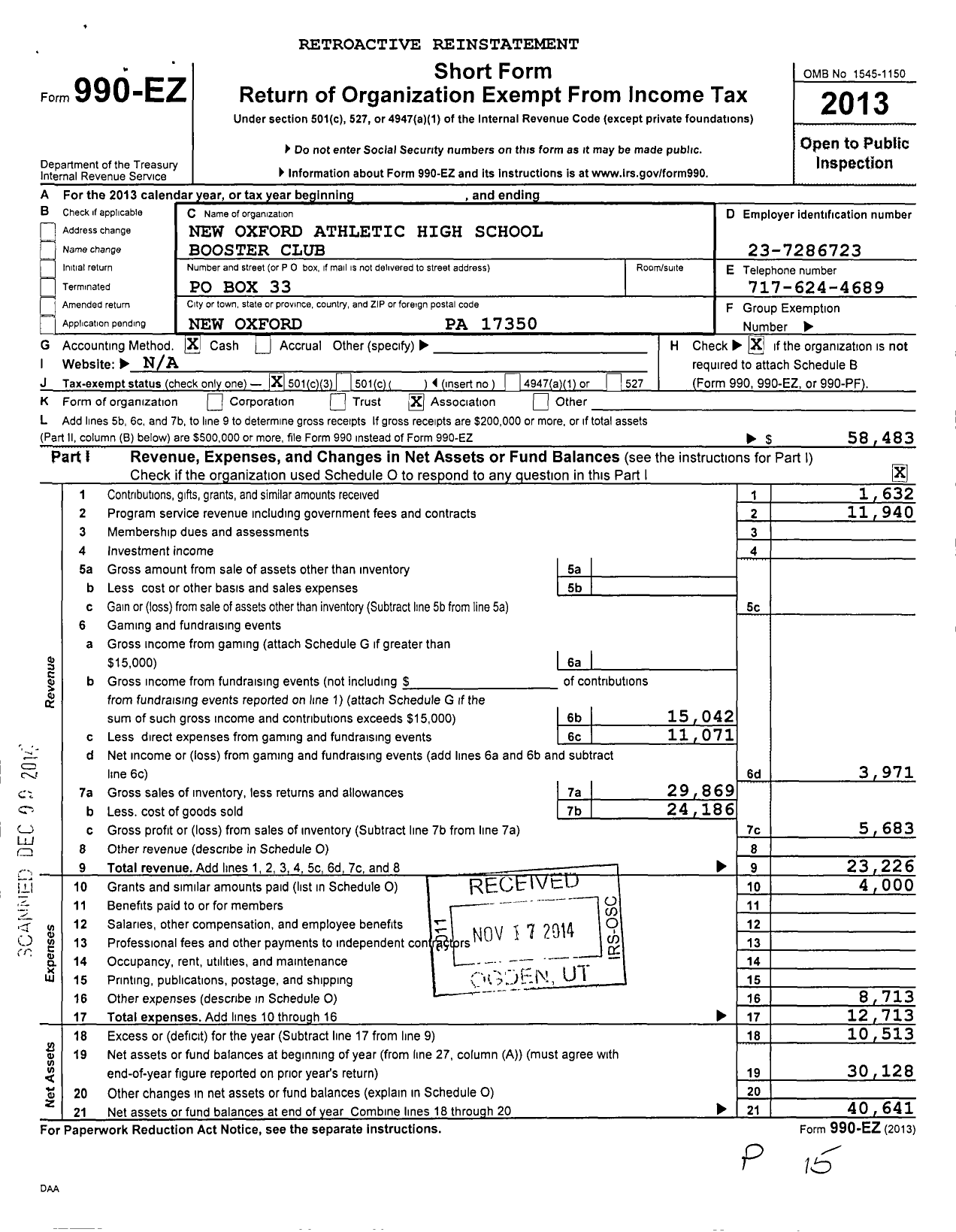 Image of first page of 2013 Form 990EZ for New Oxford Athletic Booster Club