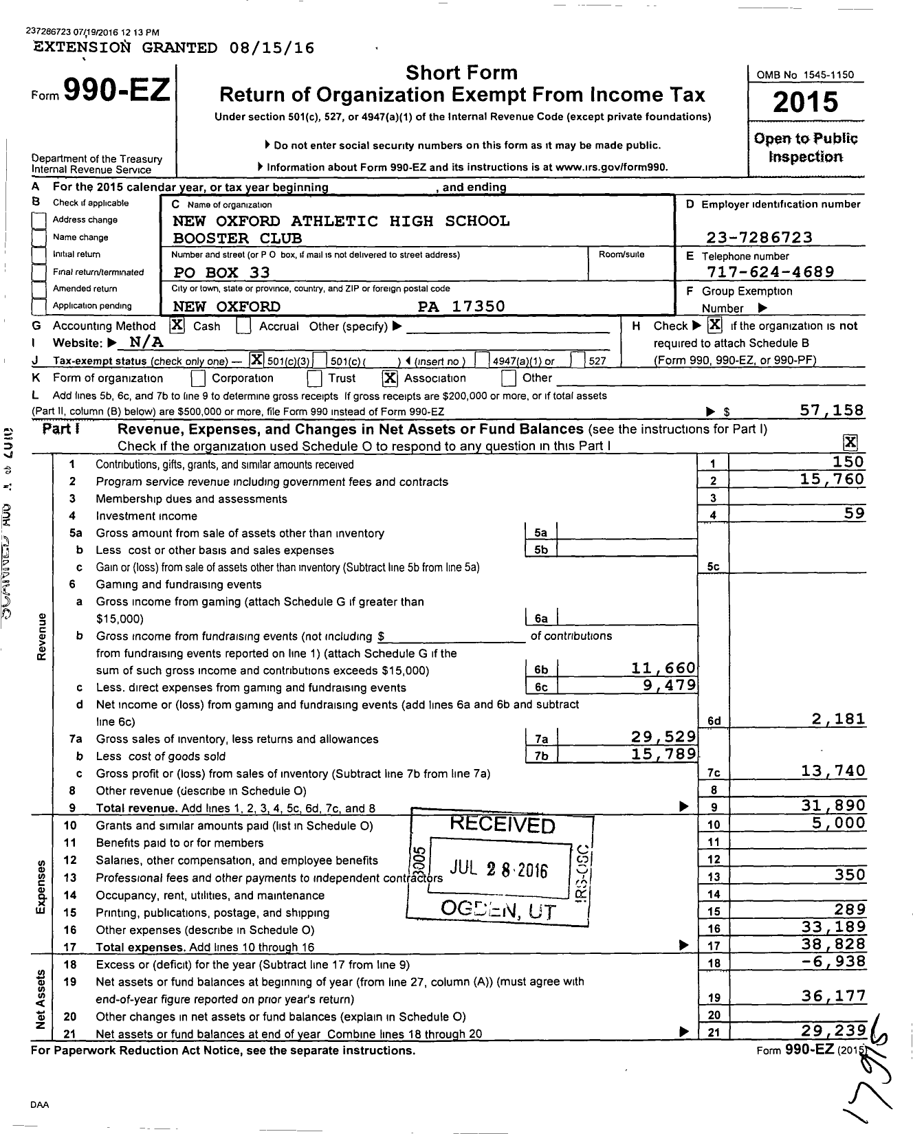 Image of first page of 2015 Form 990EZ for New Oxford Athletic Booster Club