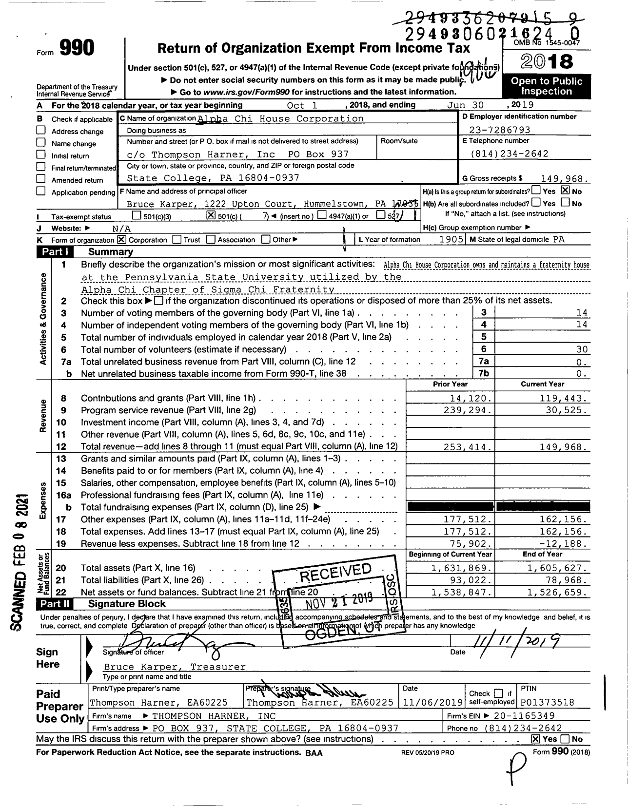 Image of first page of 2018 Form 990O for Alpha Chi House Corporation