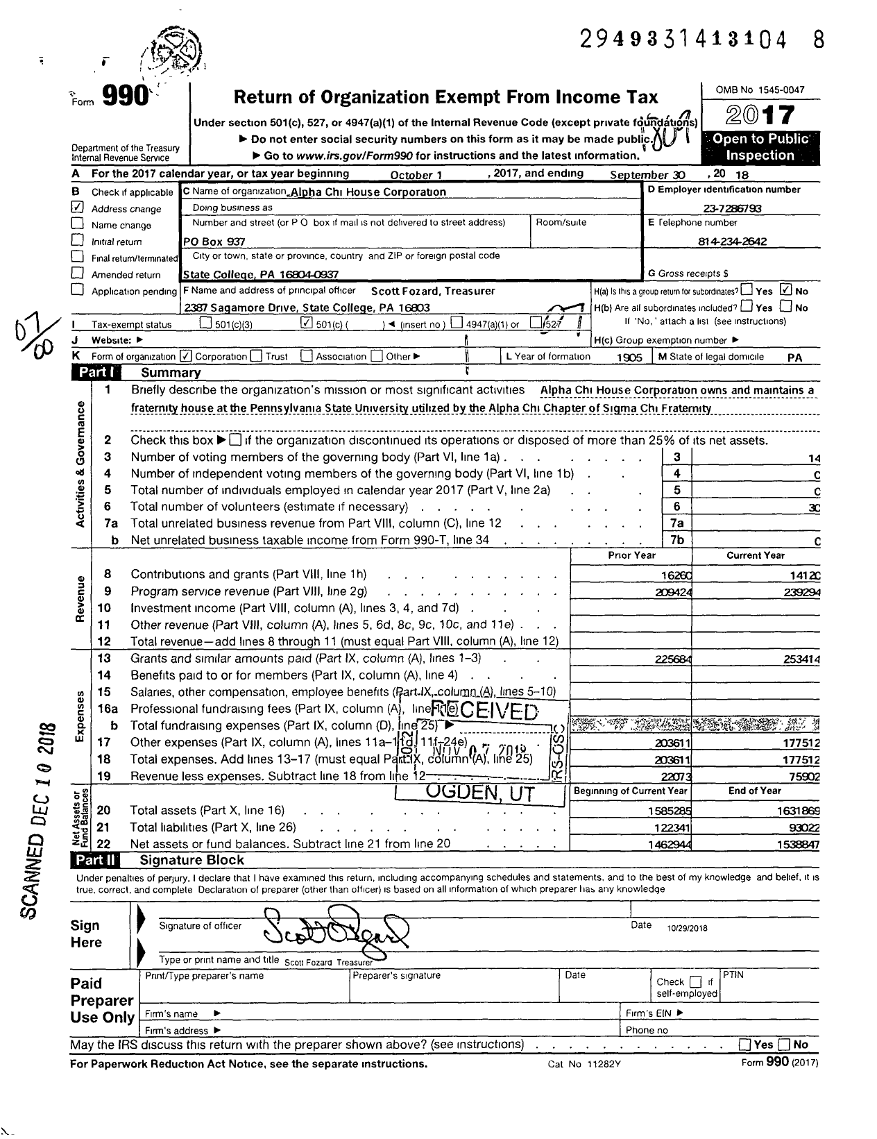 Image of first page of 2017 Form 990O for Alpha Chi House Corporation