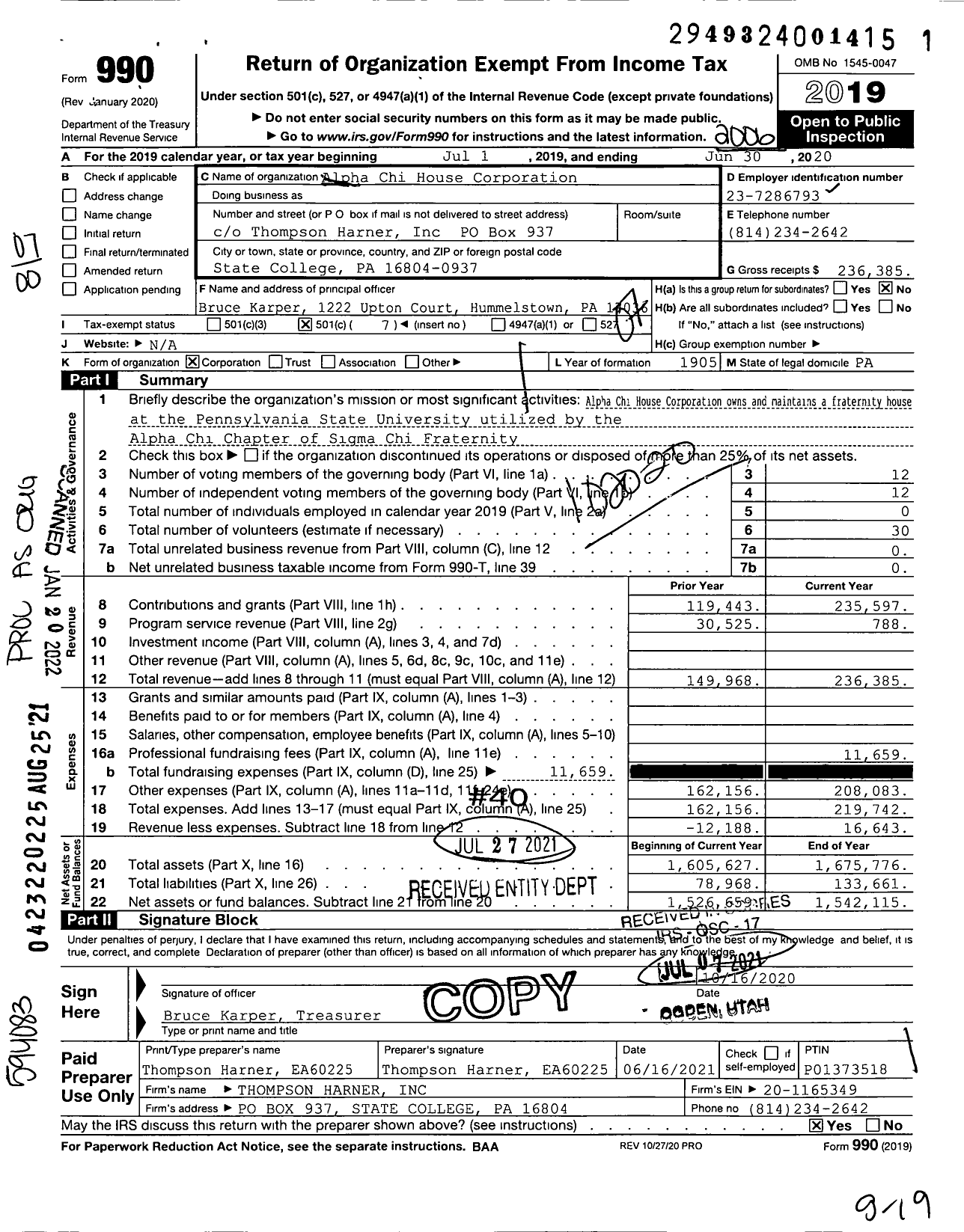 Image of first page of 2019 Form 990O for Alpha Chi House Corporation