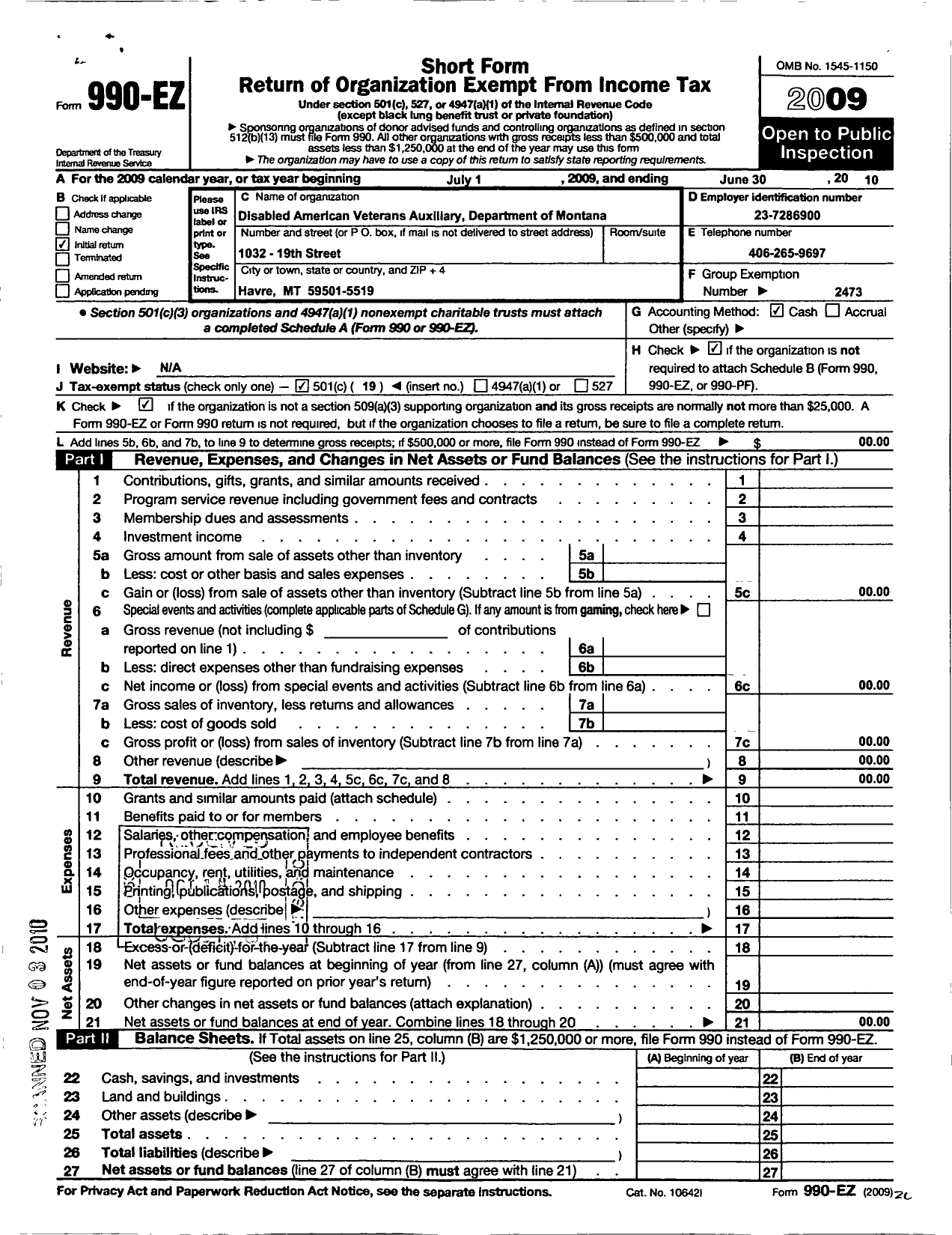 Image of first page of 2009 Form 990EO for Disabled American Veterans Auxiliary - Dept of Montana