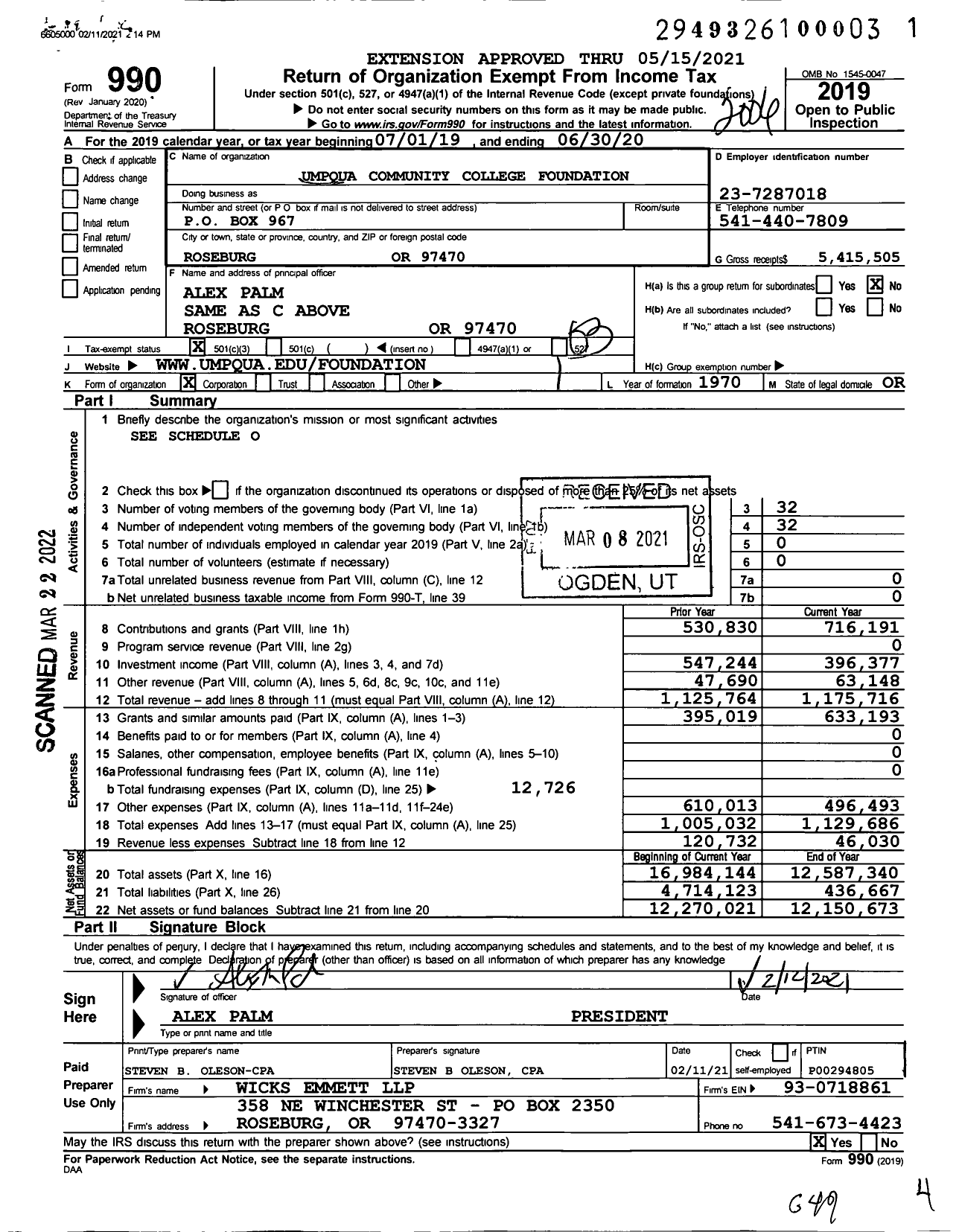 Image of first page of 2019 Form 990 for Umpqua Community College Foundation