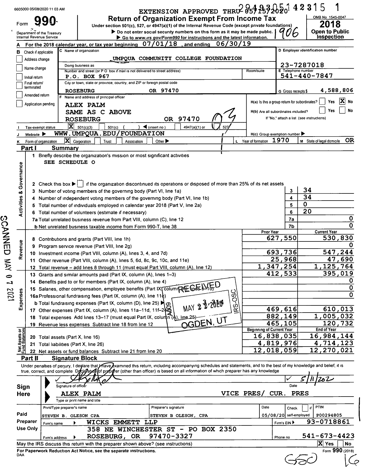 Image of first page of 2018 Form 990 for Umpqua Community College Foundation