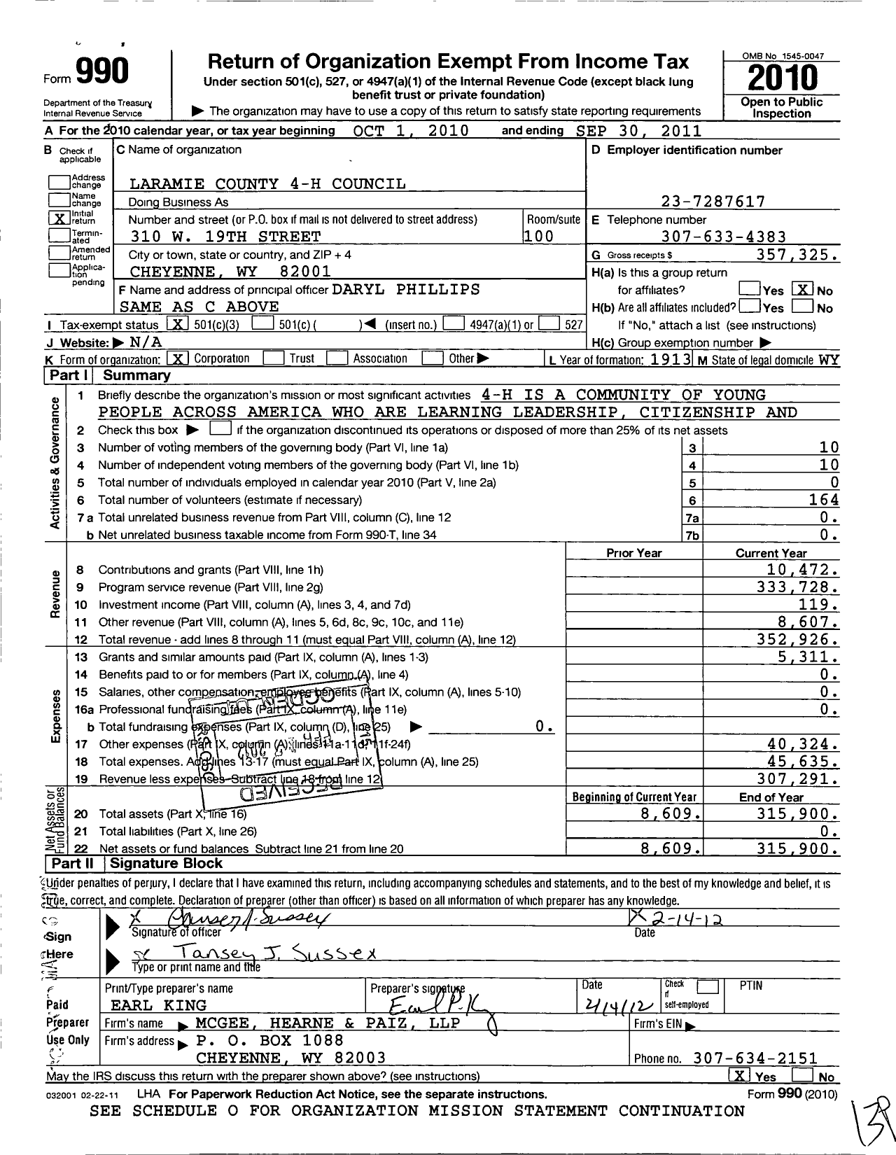 Image of first page of 2010 Form 990 for University of Wyoming / Laramie Co 4-H Council