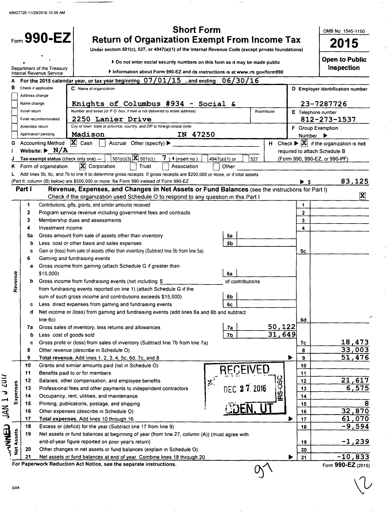 Image of first page of 2015 Form 990EO for Knights of Columbus 934 - Social