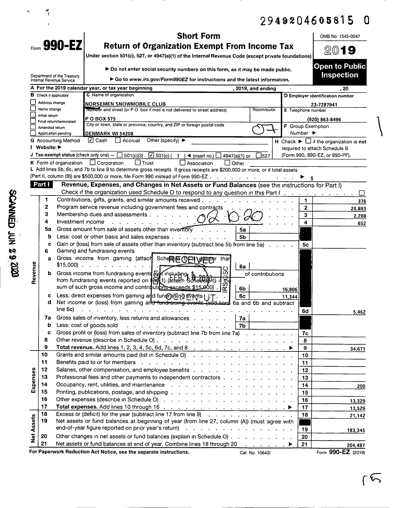 Image of first page of 2019 Form 990EO for Norsemen Snowmobile Club