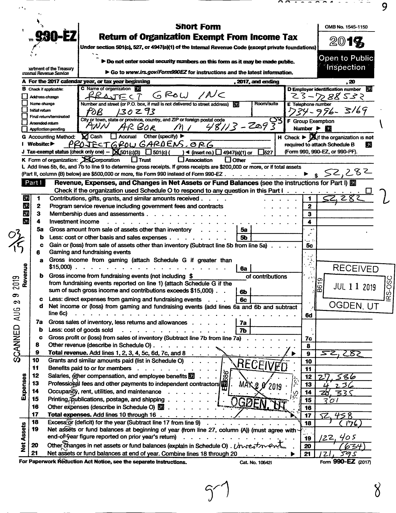 Image of first page of 2018 Form 990EZ for Project Grow