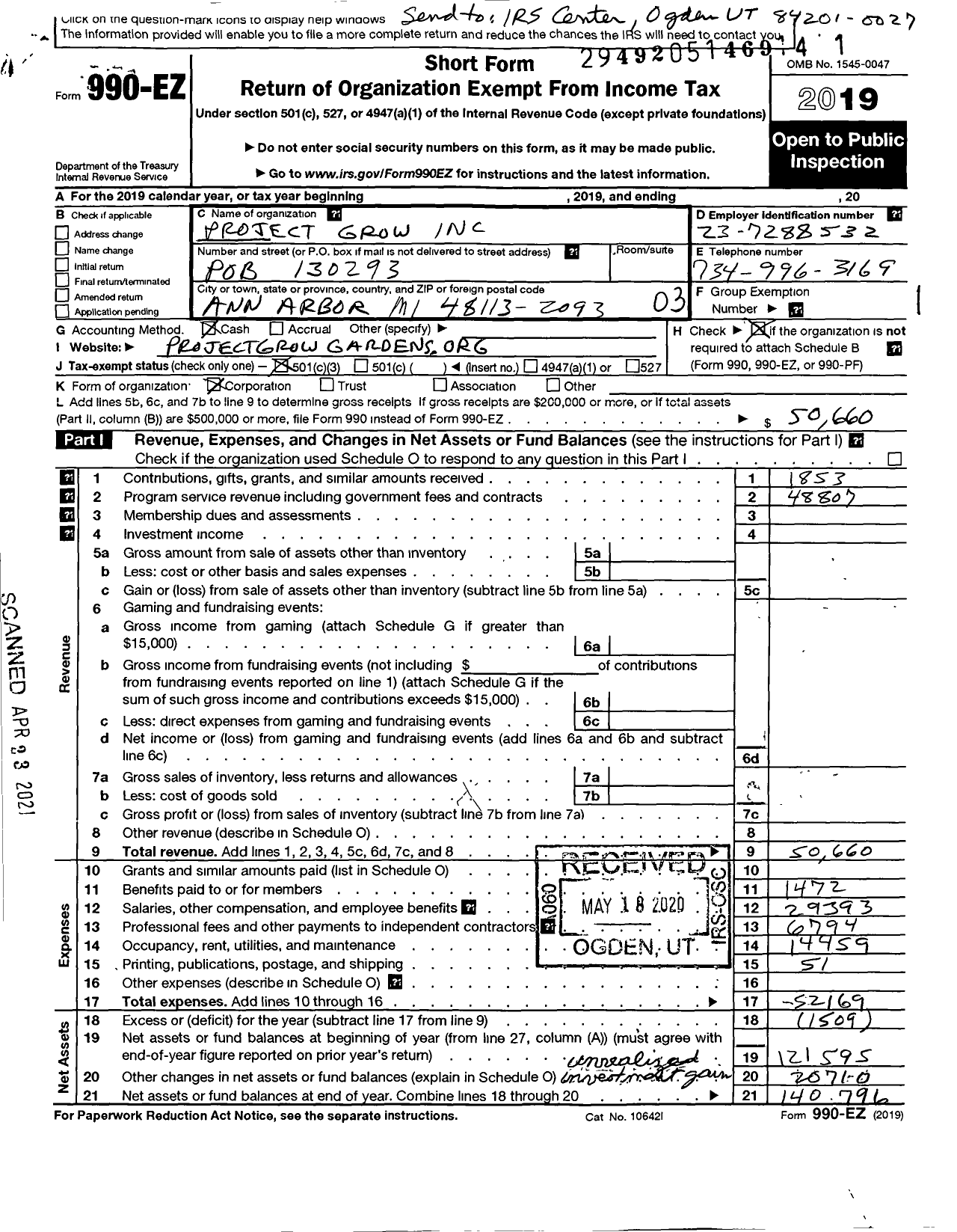 Image of first page of 2019 Form 990EZ for Project Grow