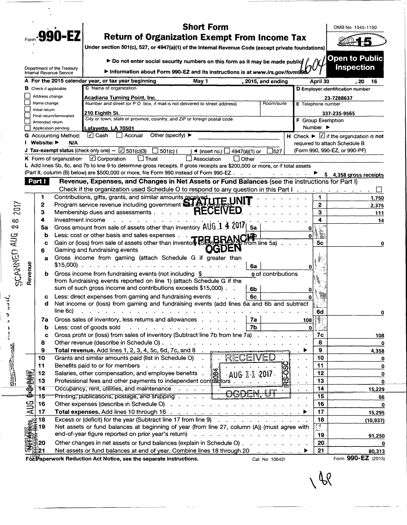 Image of first page of 2015 Form 990EZ for Acadiana Turning Point