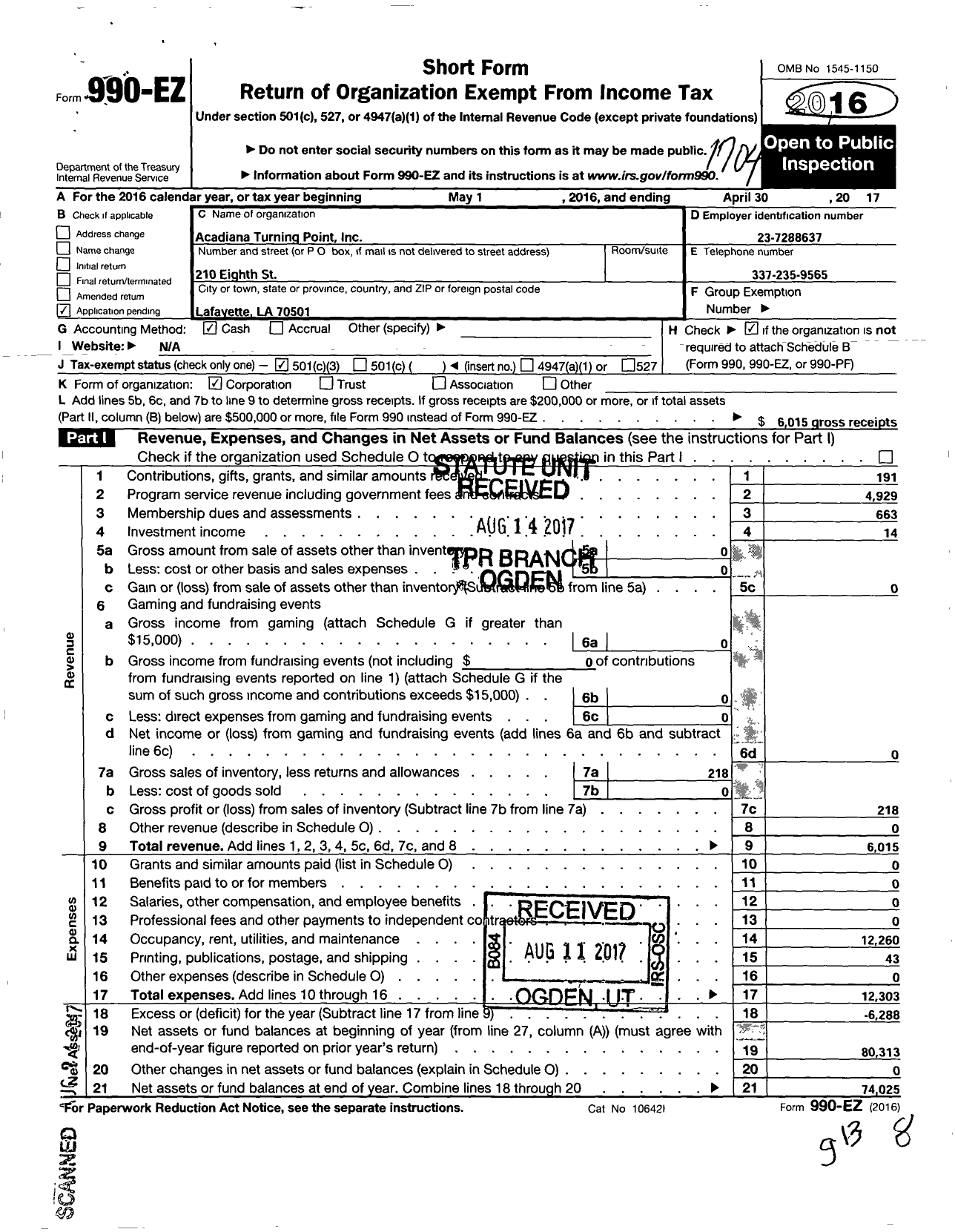 Image of first page of 2016 Form 990EZ for Acadiana Turning Point