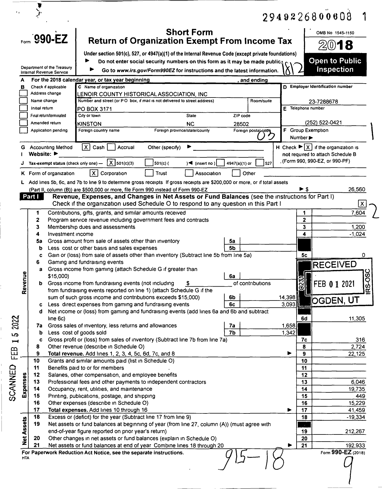 Image of first page of 2018 Form 990EZ for Lenoir County Historical Association