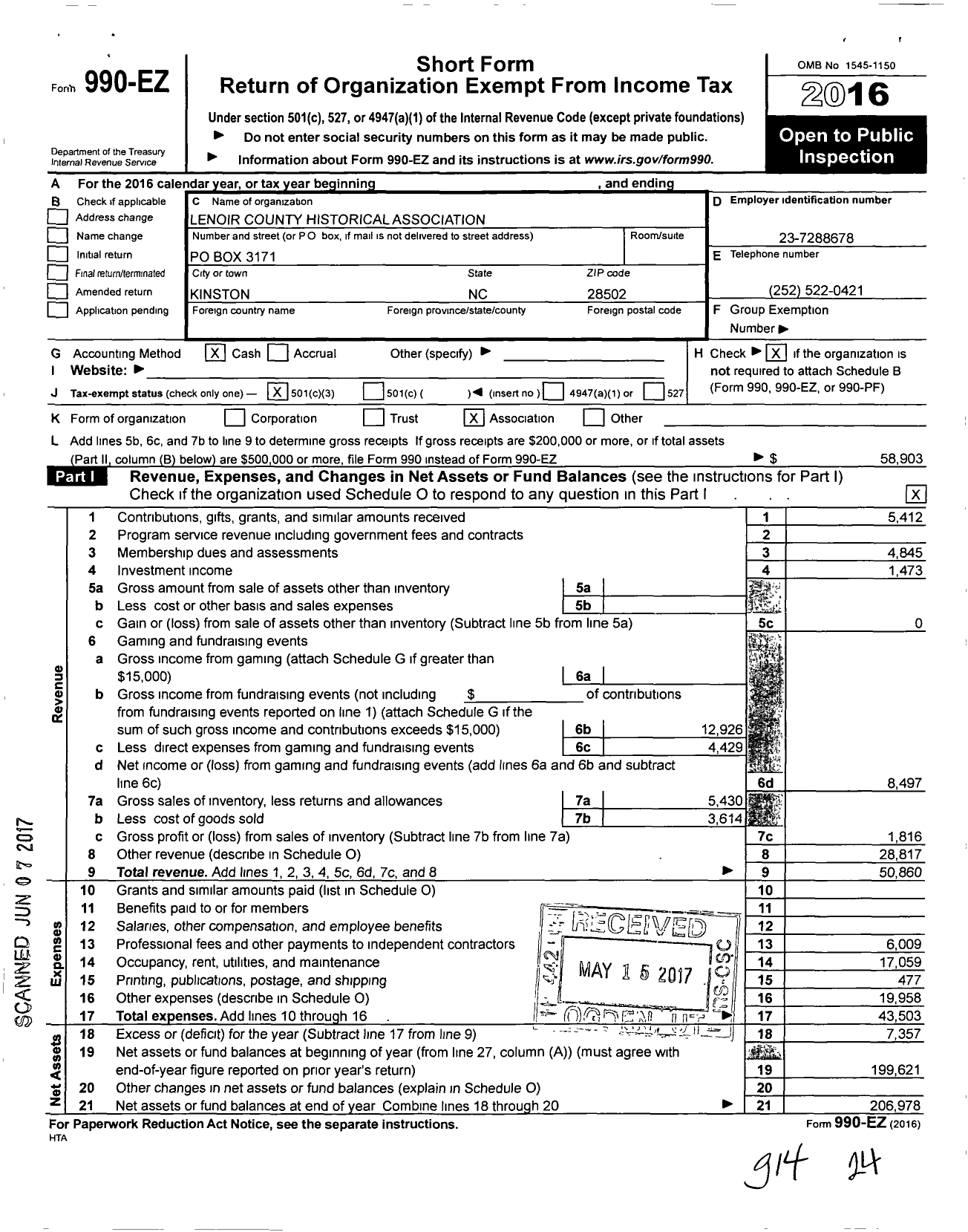 Image of first page of 2016 Form 990EZ for Lenoir County Historical Association