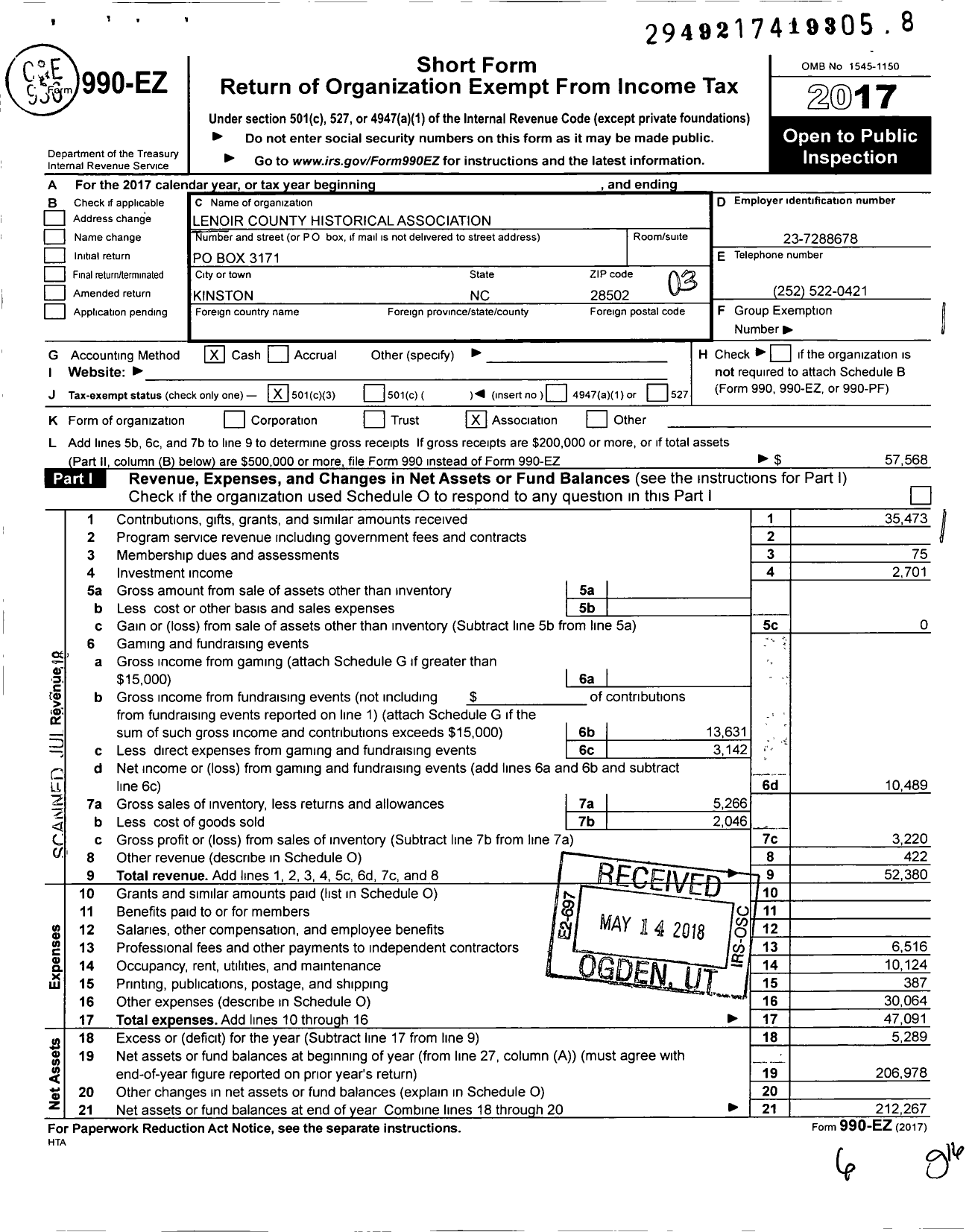 Image of first page of 2017 Form 990EZ for Lenoir County Historical Association