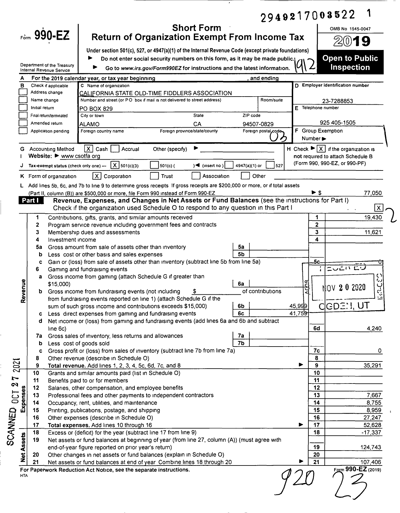 Image of first page of 2019 Form 990EZ for California State Old Time Fiddlers Association