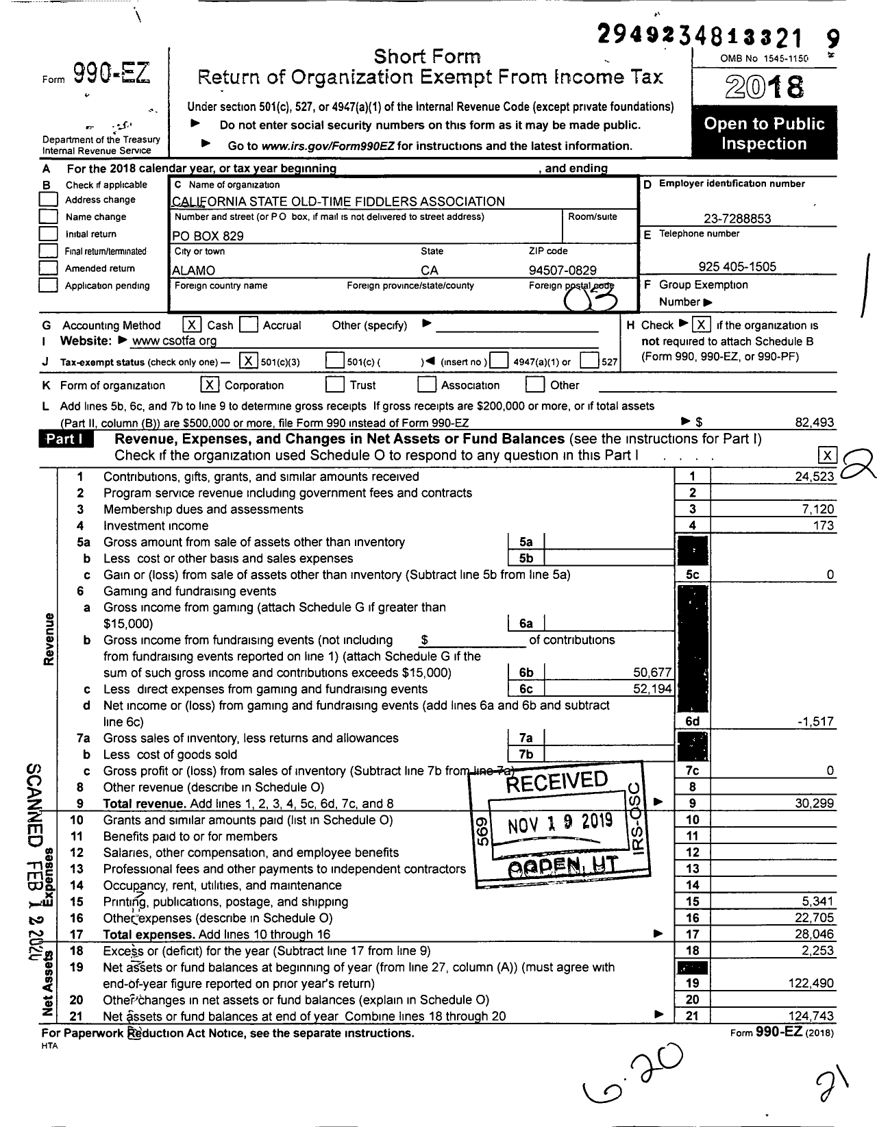 Image of first page of 2018 Form 990EZ for California State Old Time Fiddlers Association