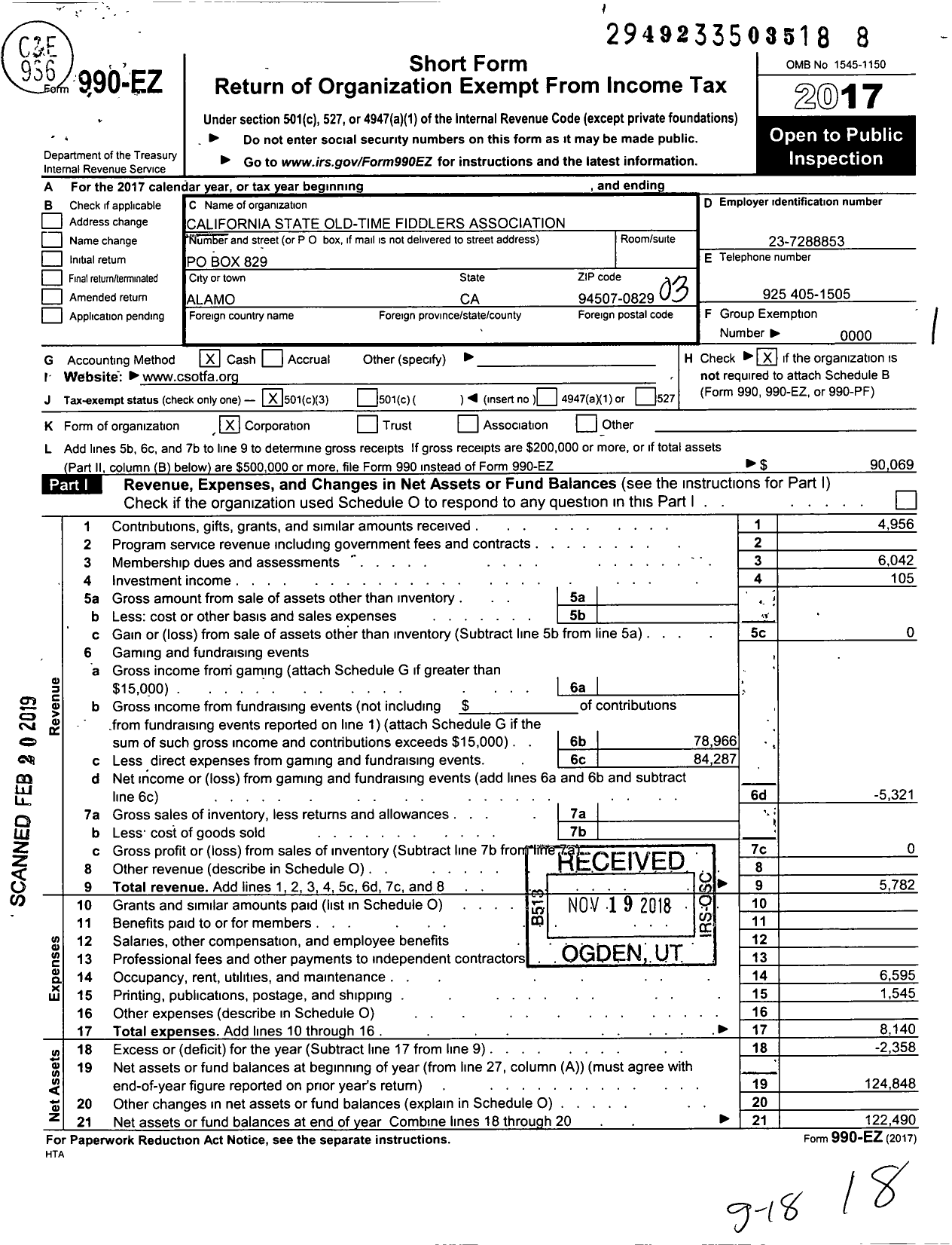 Image of first page of 2017 Form 990EZ for California State Old Time Fiddlers Association