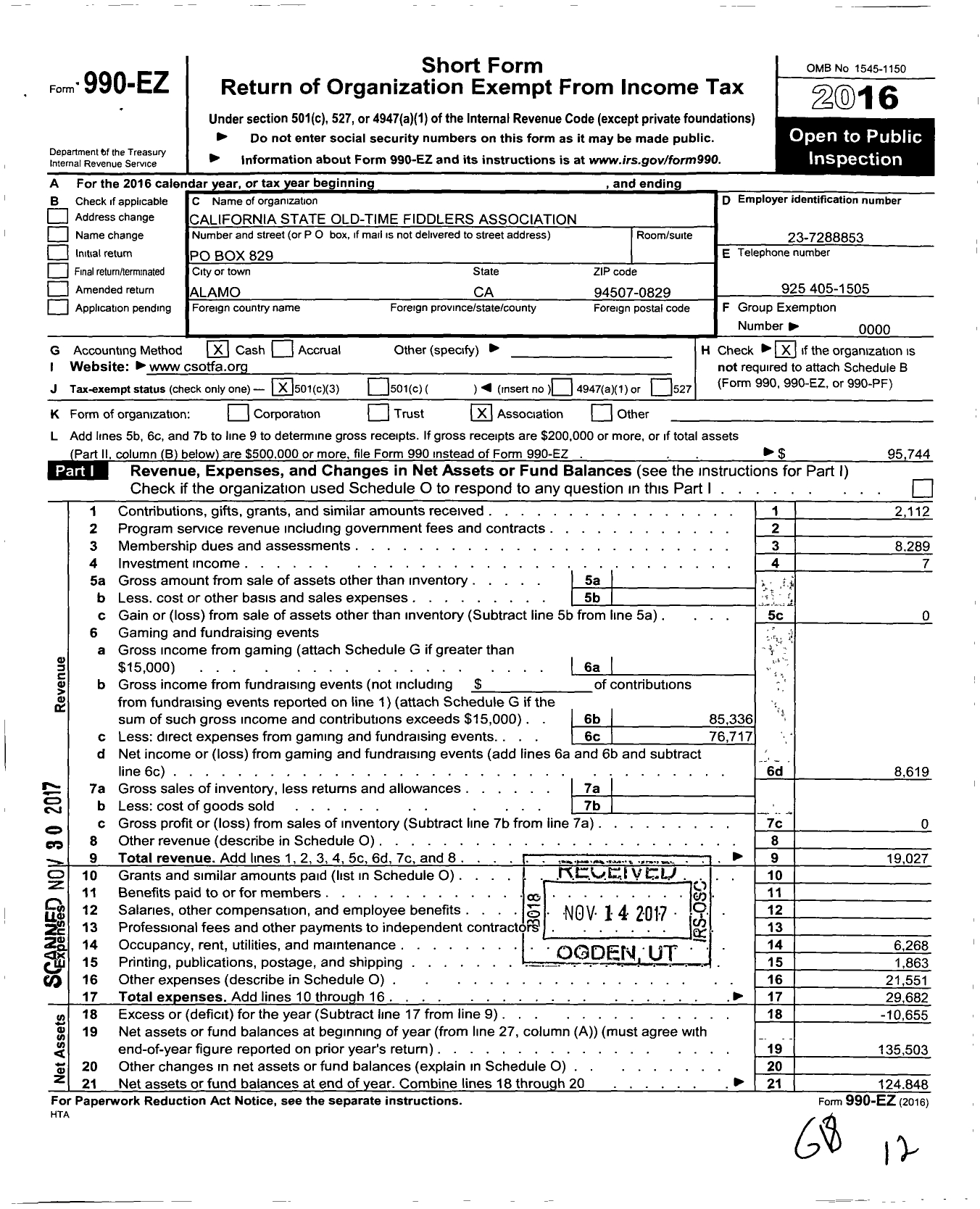 Image of first page of 2016 Form 990EZ for California State Old Time Fiddlers Association