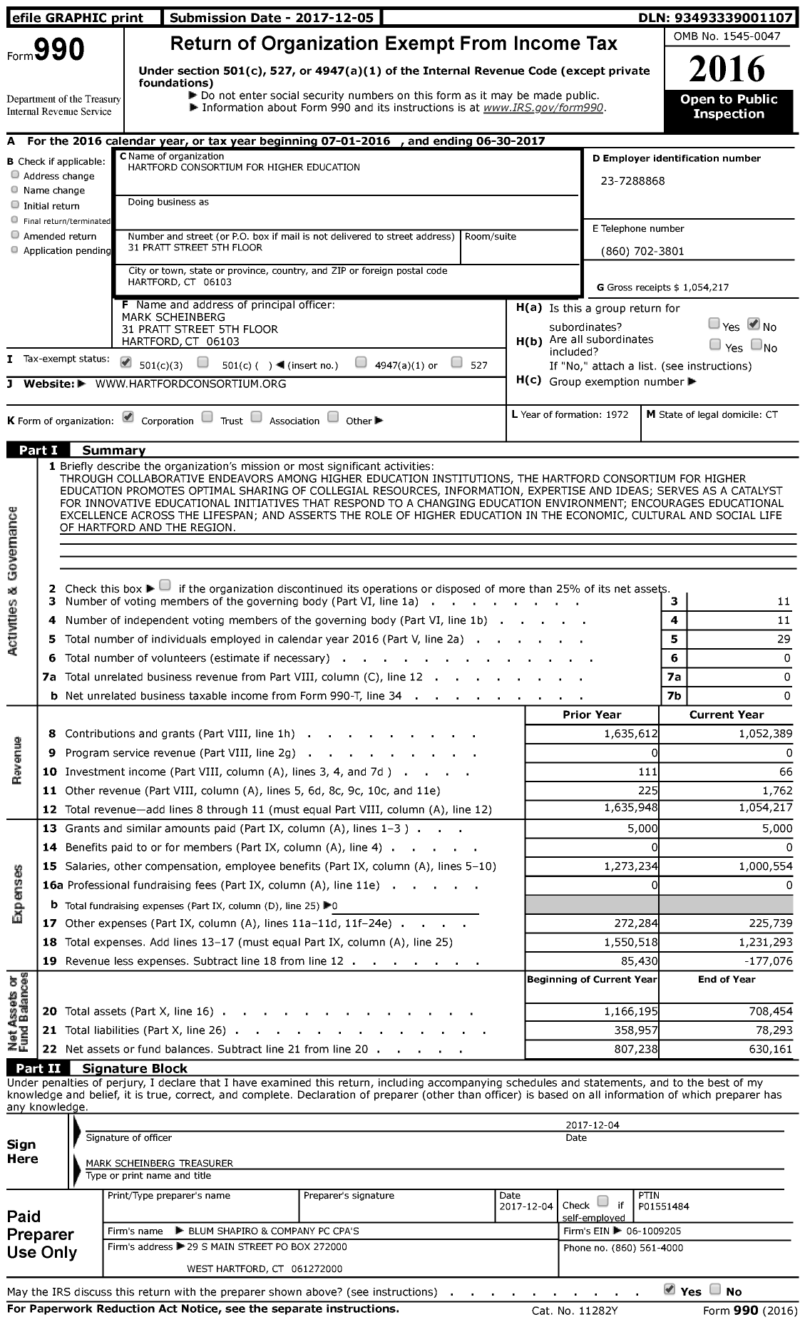 Image of first page of 2016 Form 990 for Hartford Consortium for Higher Education (HCHE)