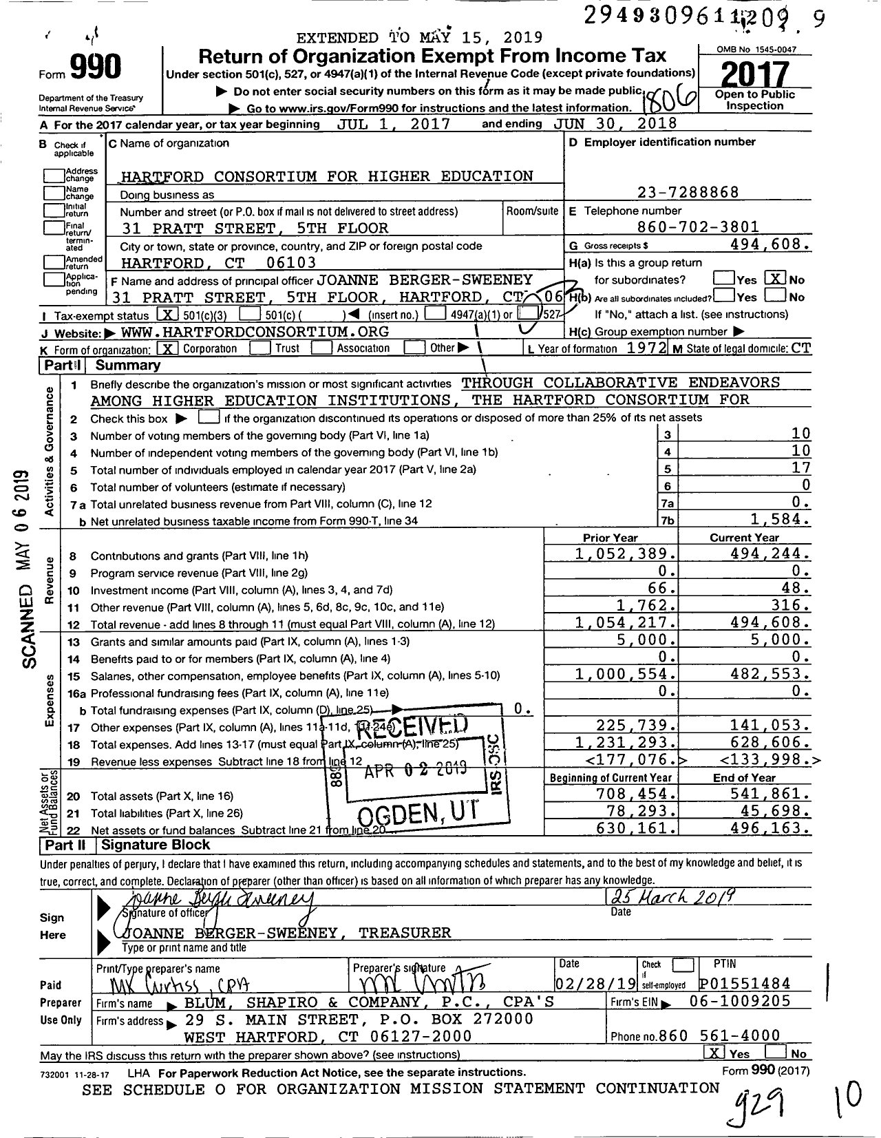 Image of first page of 2017 Form 990 for Hartford Consortium for Higher Education (HCHE)