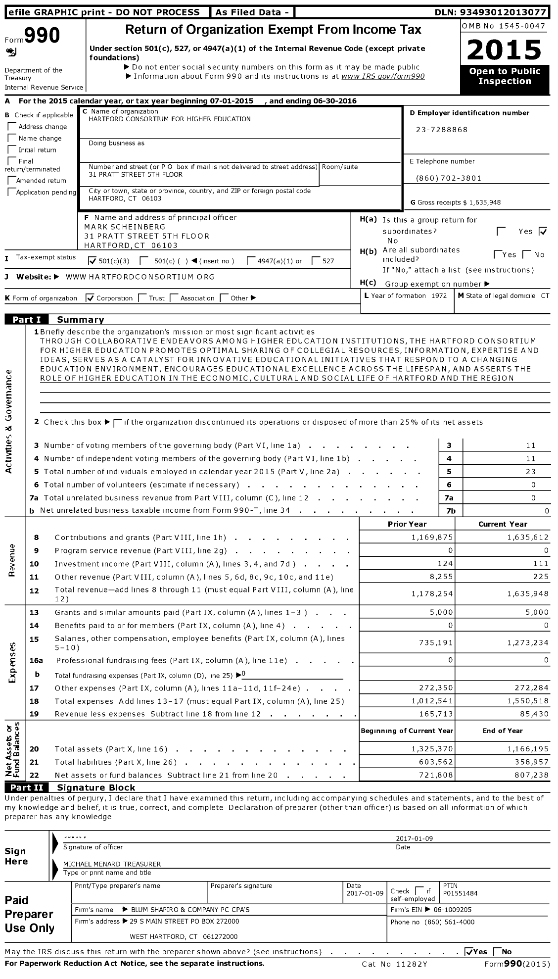 Image of first page of 2015 Form 990 for Hartford Consortium for Higher Education (HCHE)