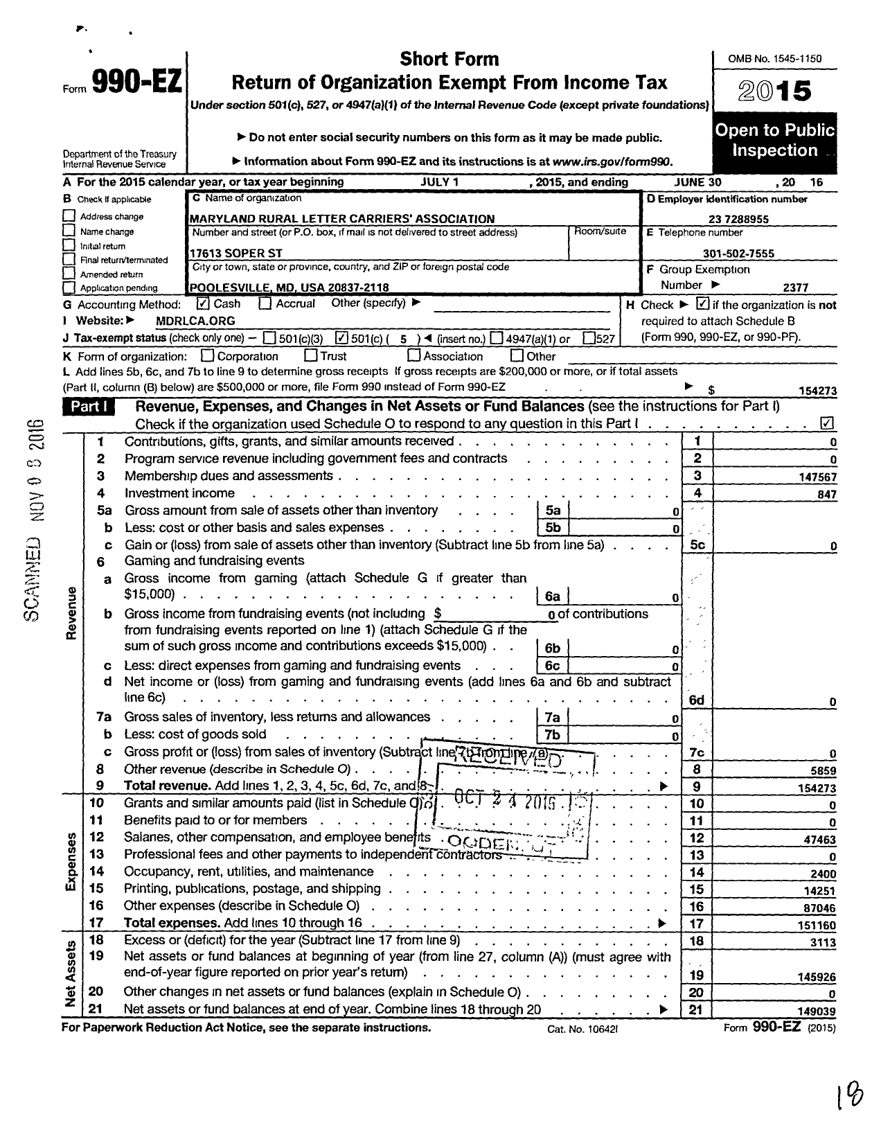 Image of first page of 2015 Form 990EO for National Rural Letter Carriers Association - MDRLCA Maryland Rural Letter Carriers Association