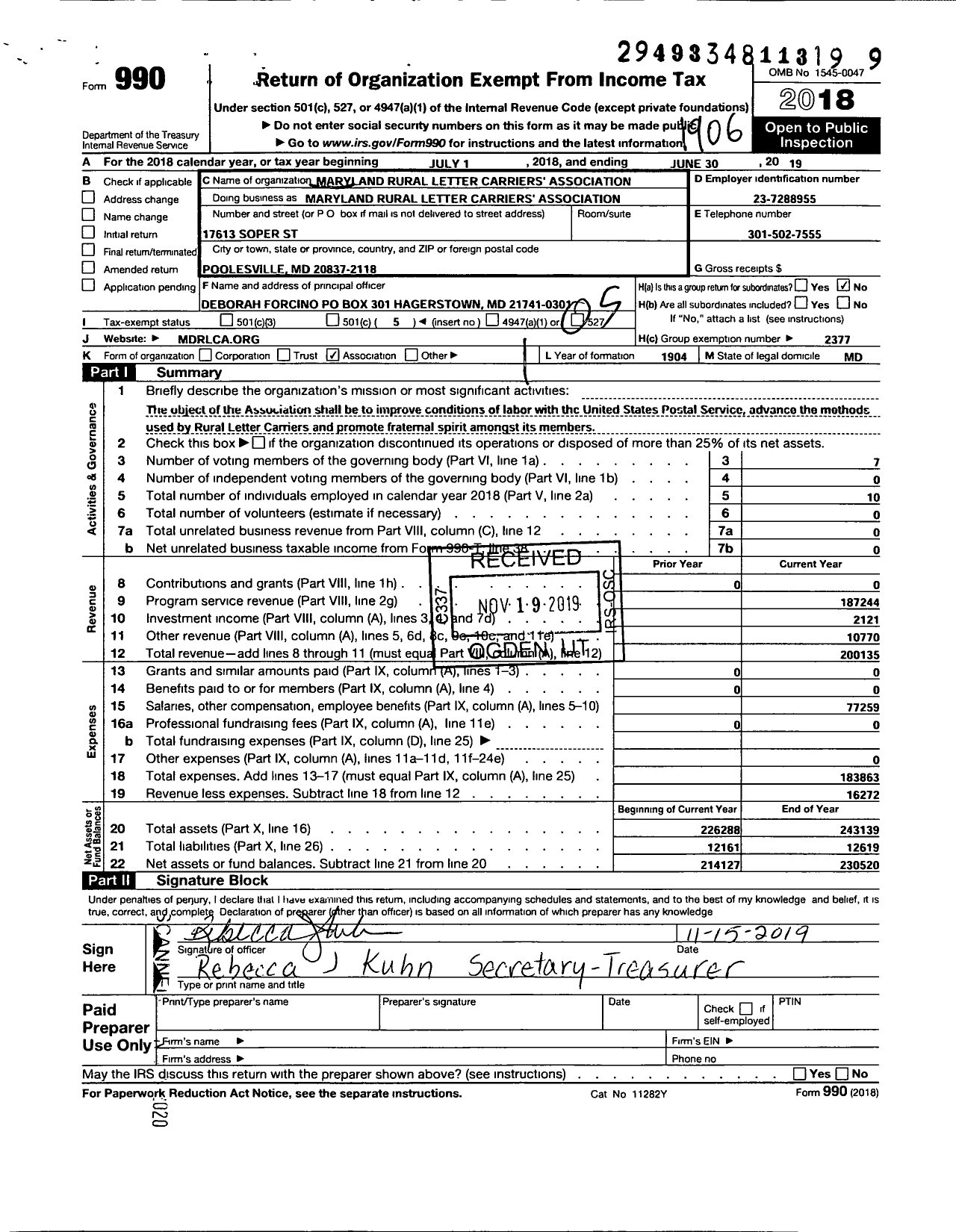 Image of first page of 2018 Form 990O for National Rural Letter Carriers Association - MDRLCA Maryland Rural Letter Carriers Association