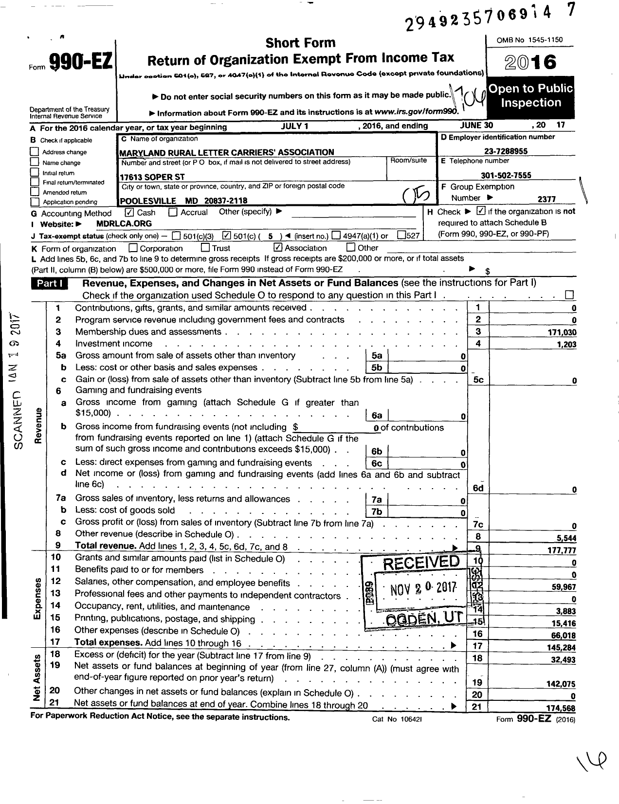 Image of first page of 2016 Form 990EO for National Rural Letter Carriers Association - MDRLCA Maryland Rural Letter Carriers Association