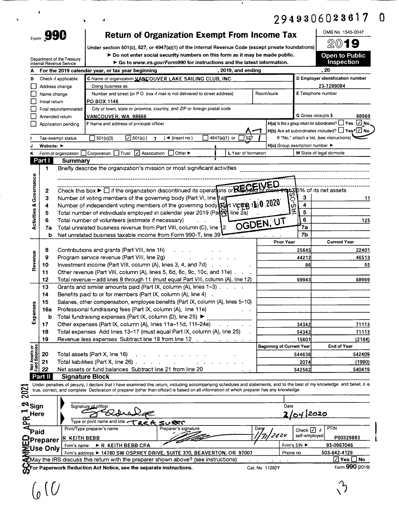 Image of first page of 2019 Form 990O for Vancouver Lake Sailing Club