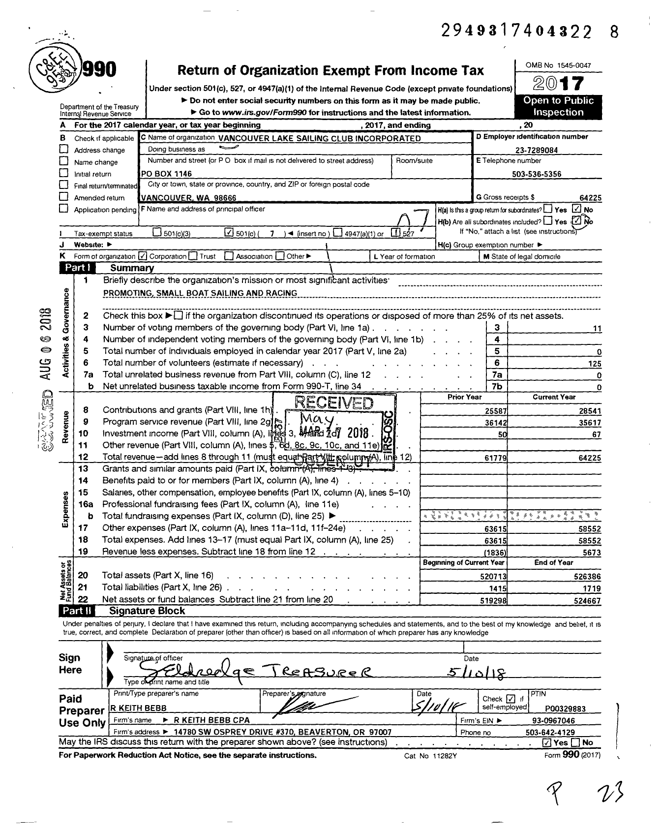 Image of first page of 2017 Form 990O for Vancouver Lake Sailing Club