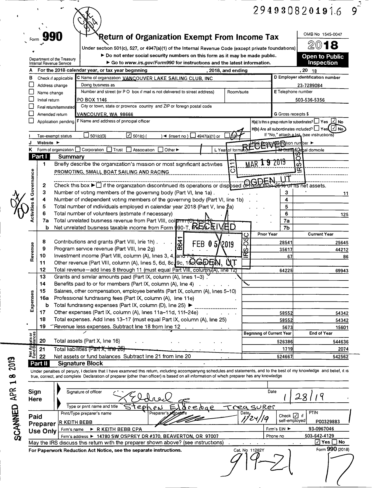 Image of first page of 2018 Form 990O for Vancouver Lake Sailing Club