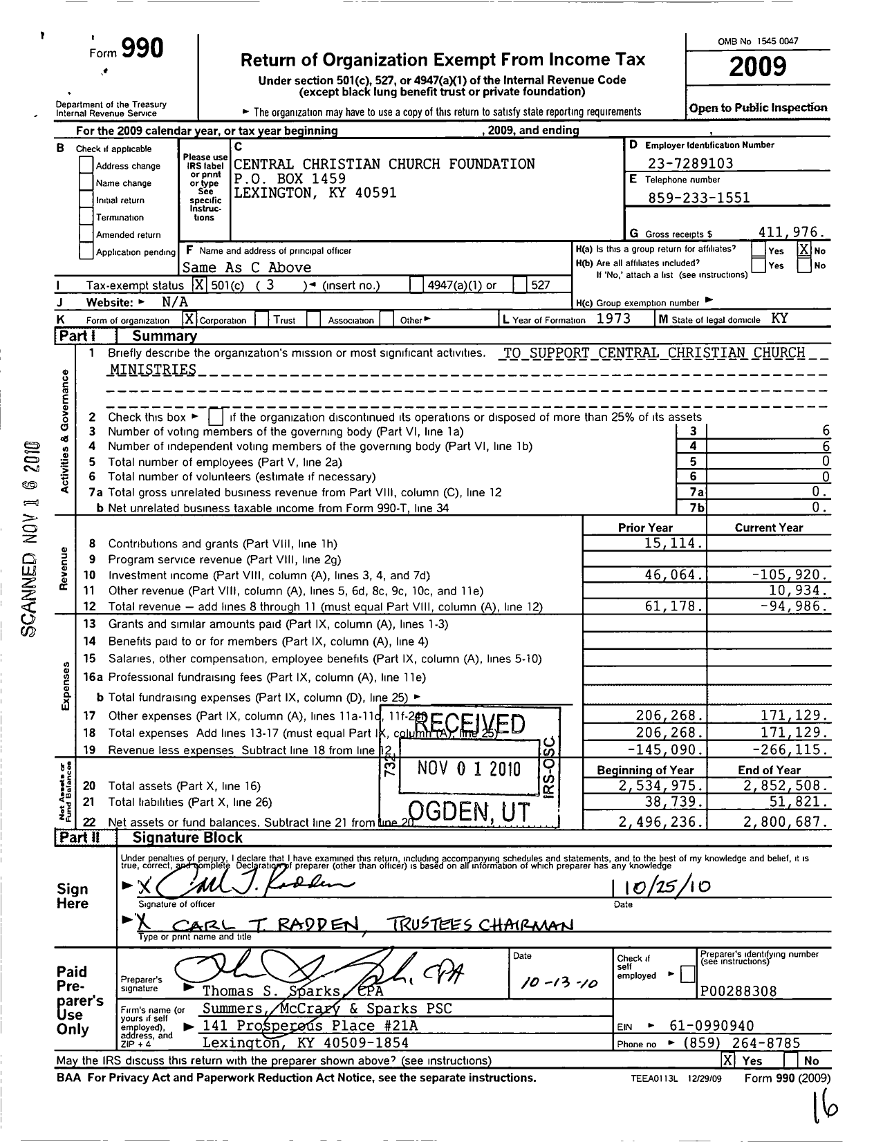 Image of first page of 2009 Form 990 for Central Christian Church Foundation Corporation