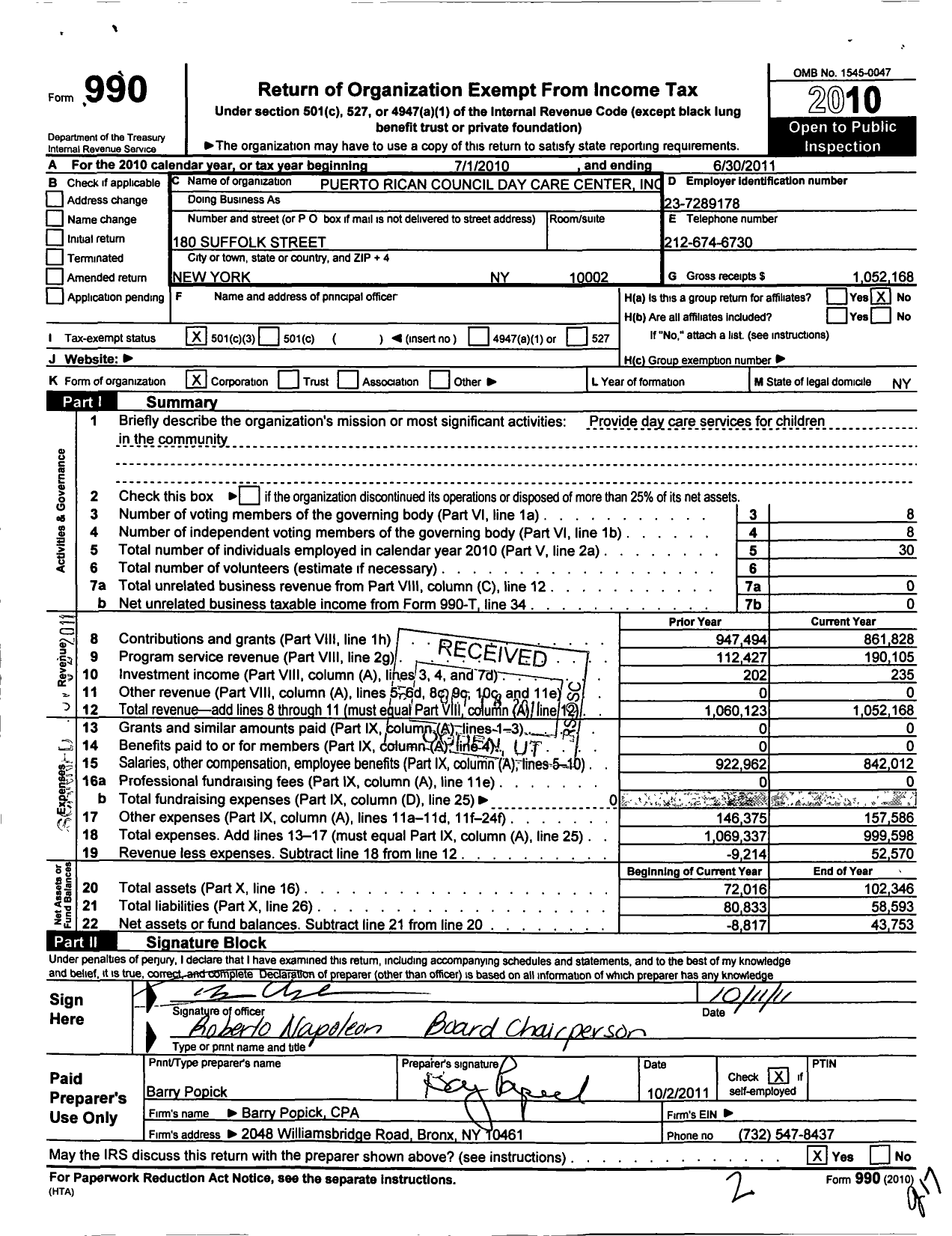 Image of first page of 2010 Form 990 for Puerto Rican Council Day Care Center