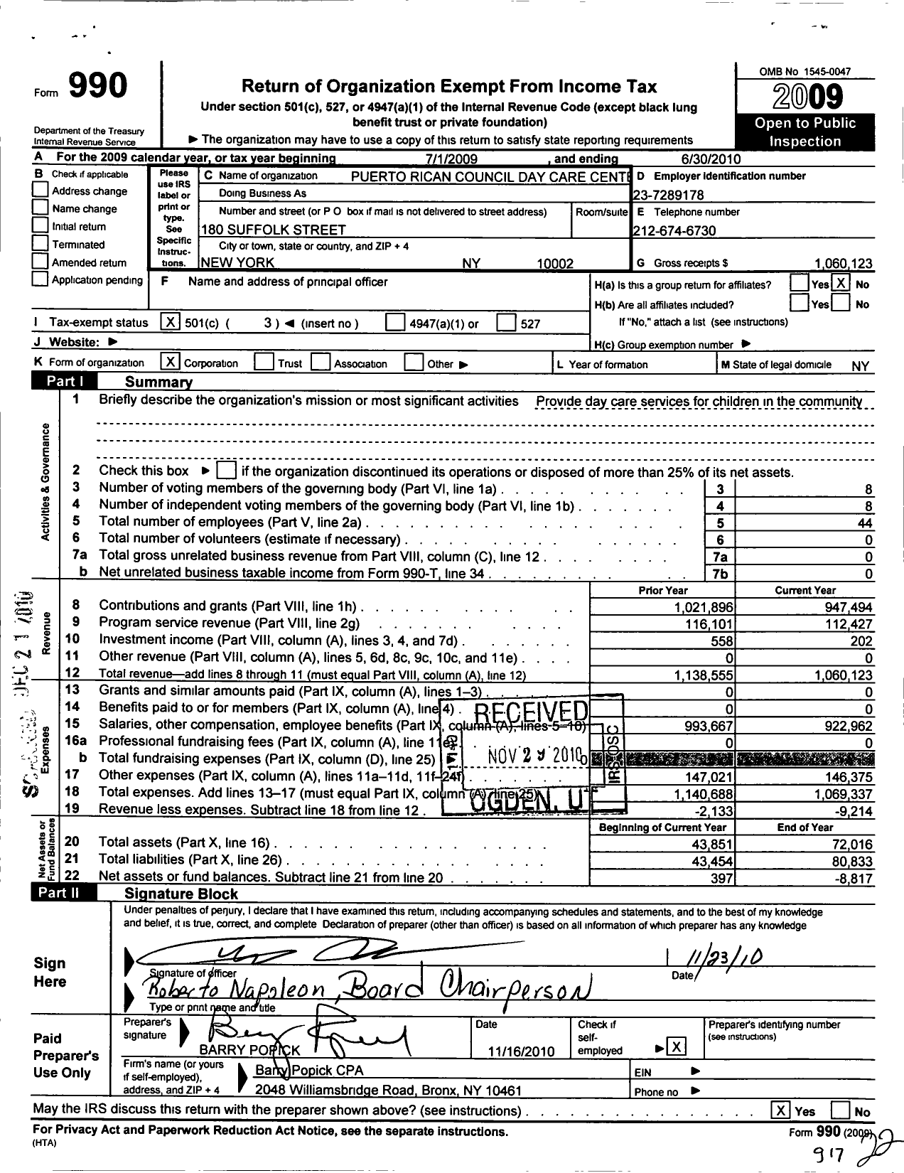 Image of first page of 2009 Form 990 for Puerto Rican Council Day Care Center