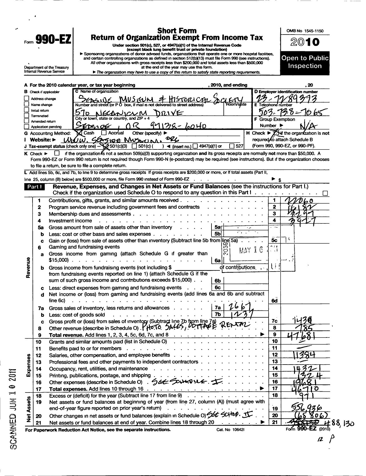 Image of first page of 2010 Form 990EZ for Seaside Museum and Historical Society