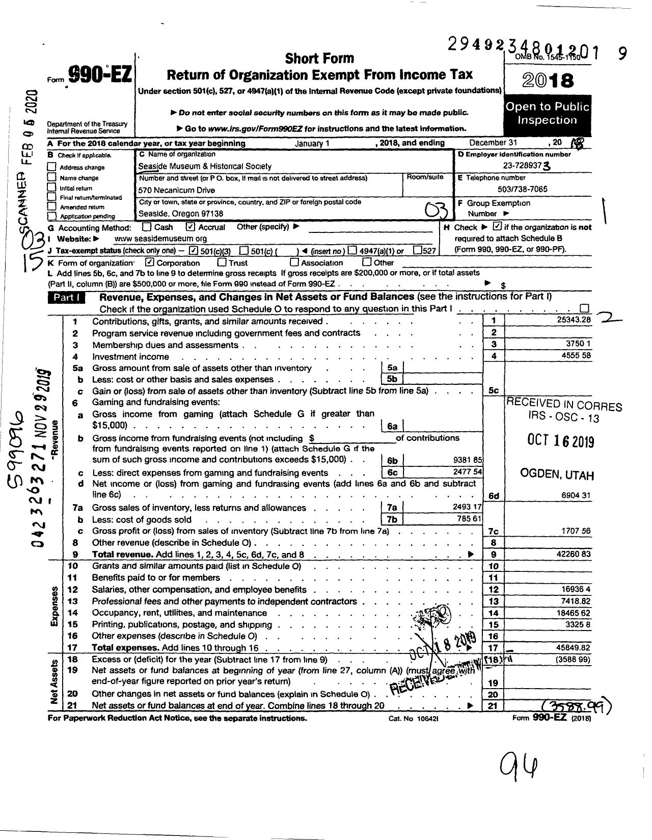 Image of first page of 2018 Form 990EZ for Seaside Museum and Historical Society