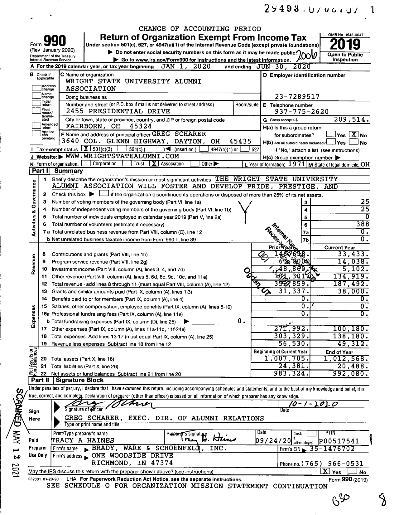 Image of first page of 2019 Form 990 for Wright State University Alumni Association