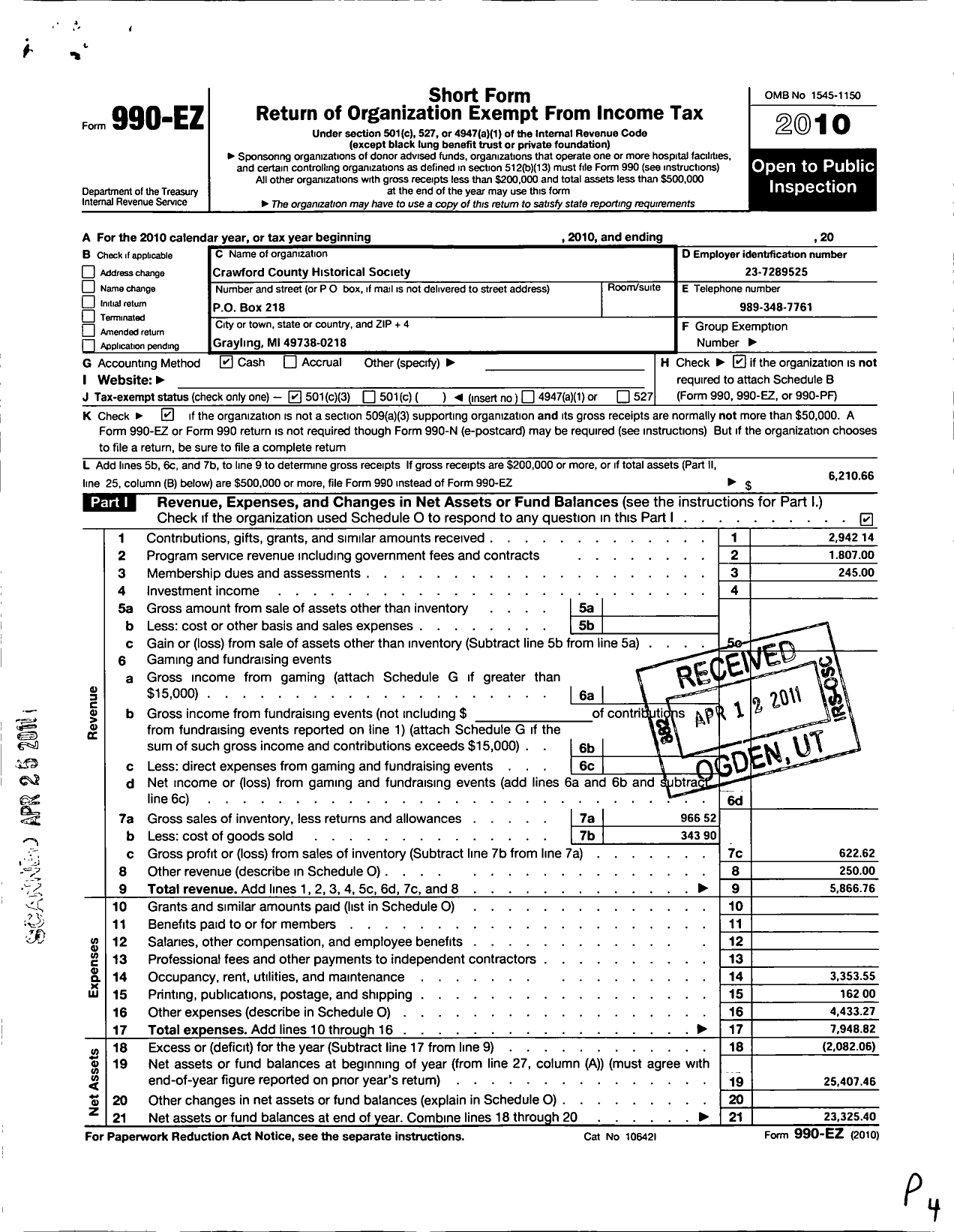 Image of first page of 2010 Form 990EZ for Crawford County Historical Society