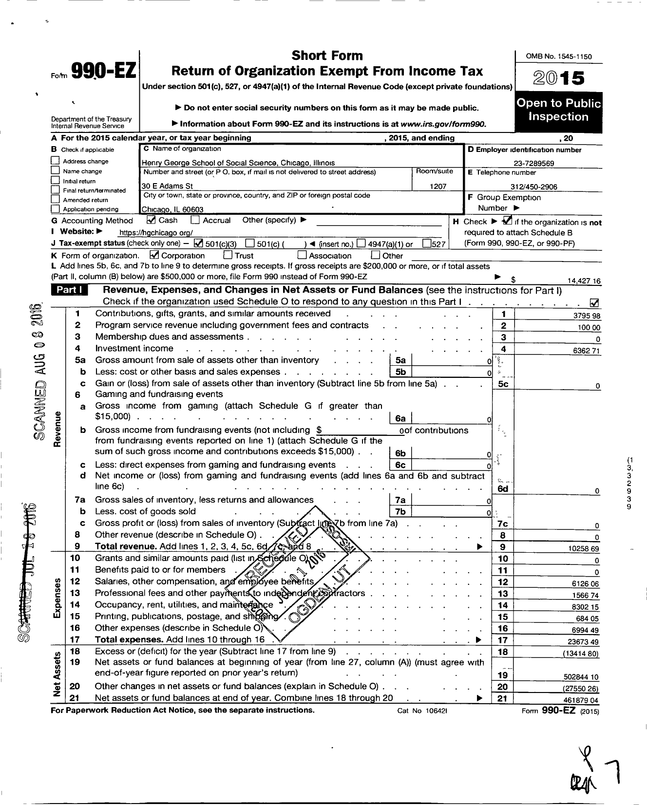Image of first page of 2015 Form 990EZ for Henry George School of Social Science Chicago Illinois