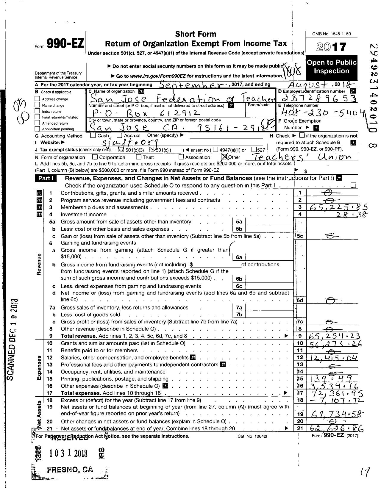 Image of first page of 2017 Form 990EO for American Federation of Teachers - 957 San Jose