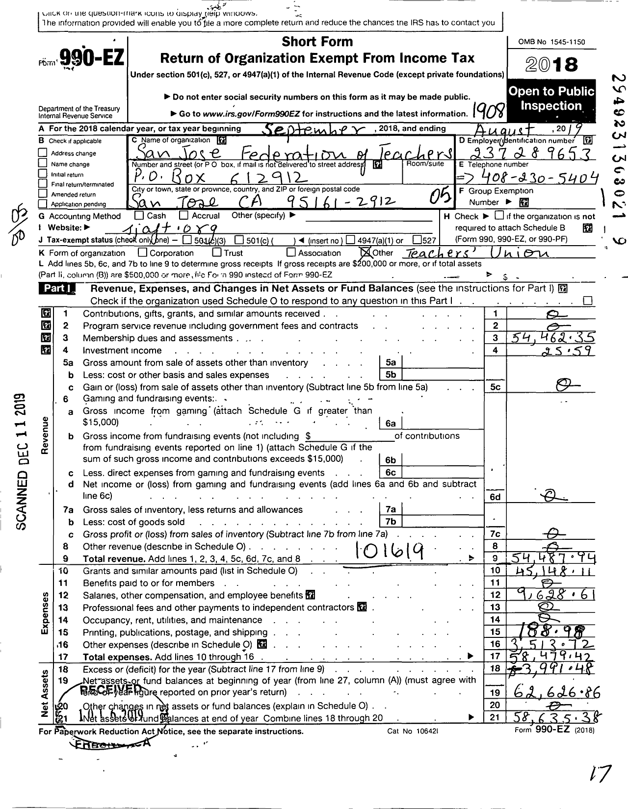 Image of first page of 2018 Form 990EO for American Federation of Teachers - 957 San Jose