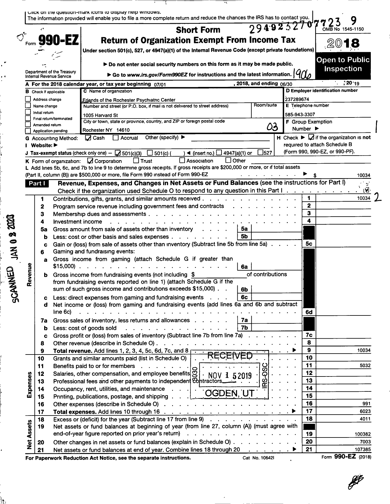 Image of first page of 2018 Form 990EZ for Friends of the Rochester Psychiatric Center