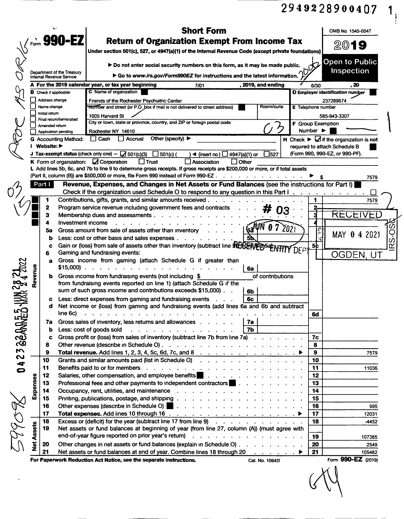 Image of first page of 2019 Form 990EZ for Friends of the Rochester Psychiatric Center