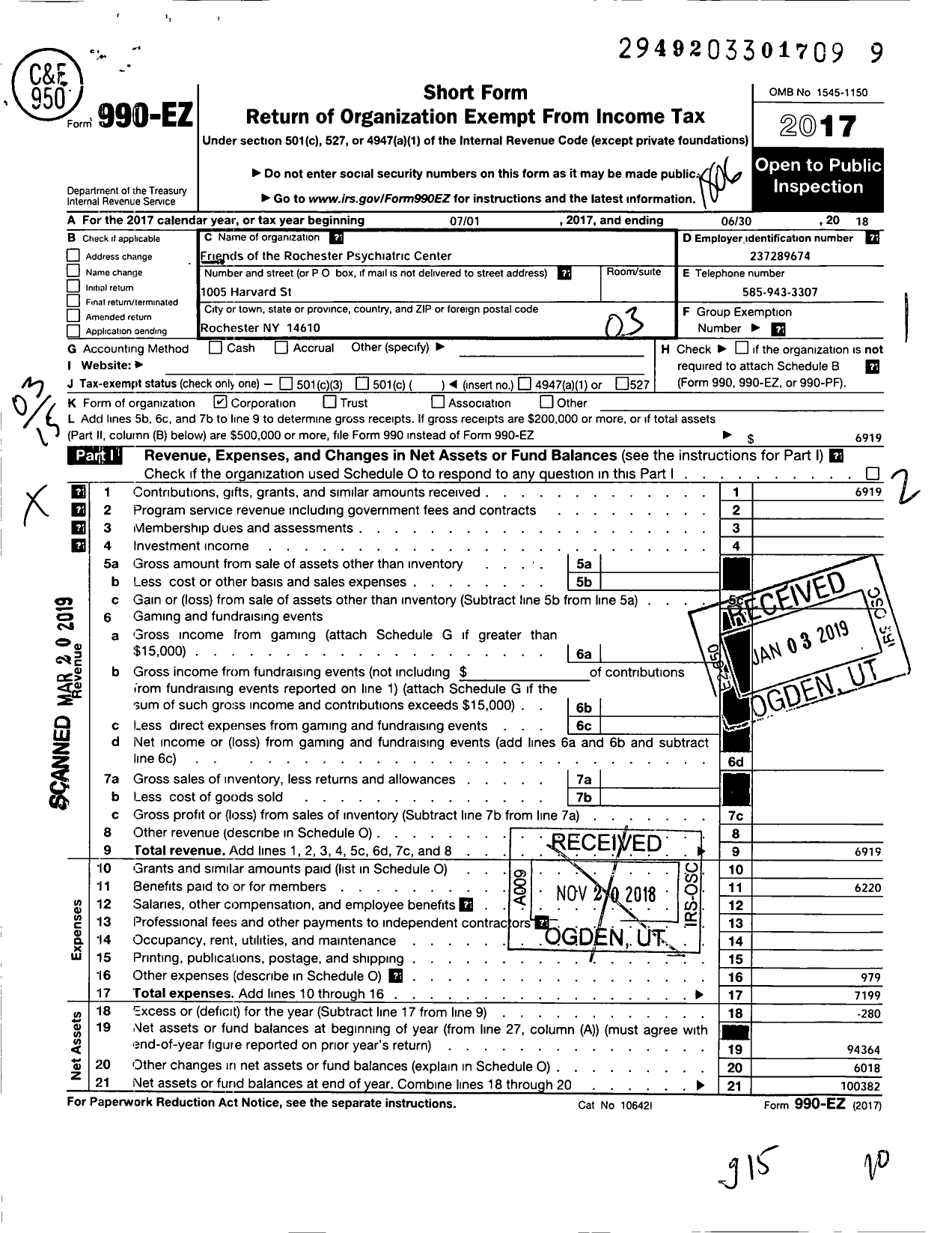 Image of first page of 2017 Form 990EZ for Friends of the Rochester Psychiatric Center