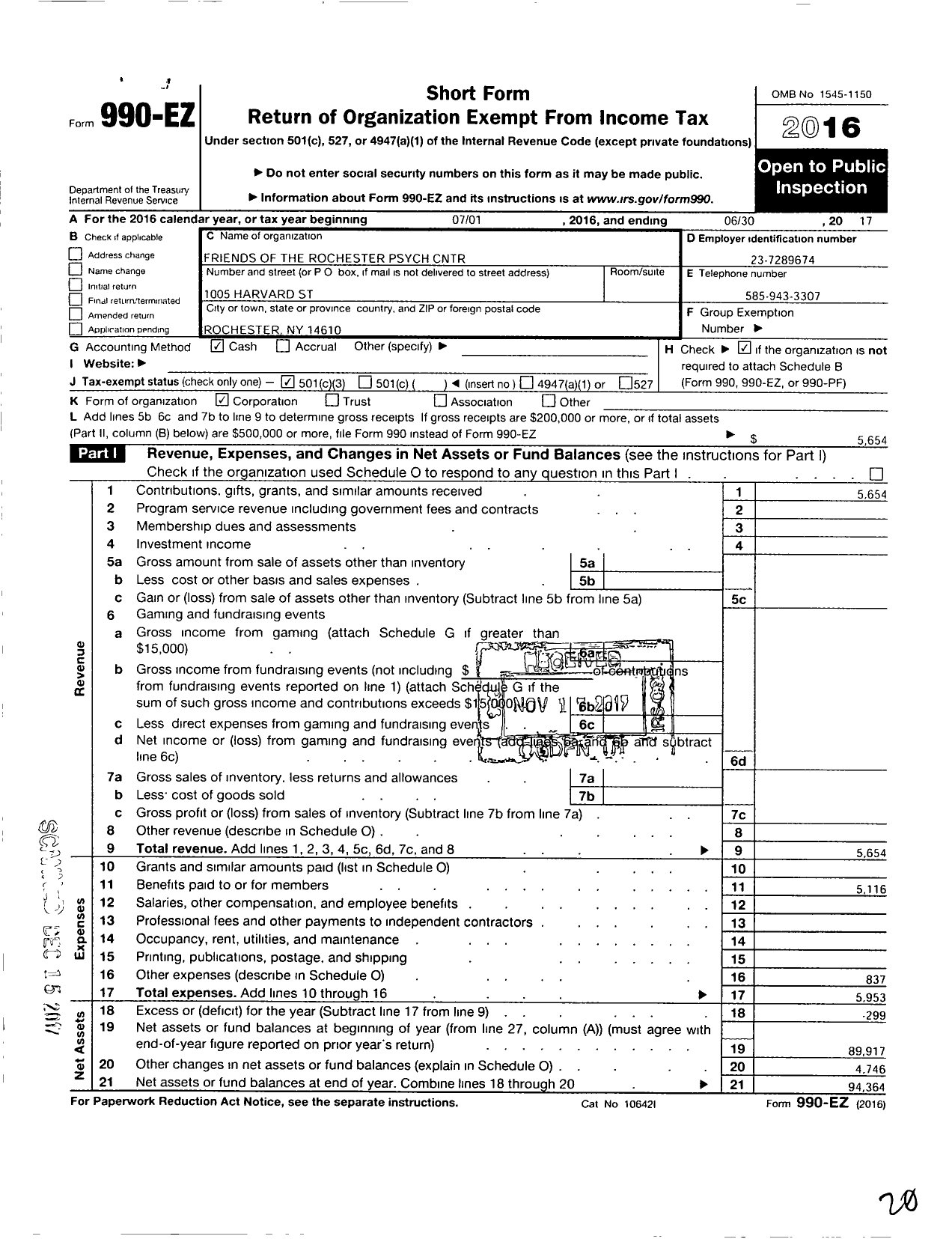 Image of first page of 2016 Form 990EZ for Friends of the Rochester Psychiatric Center