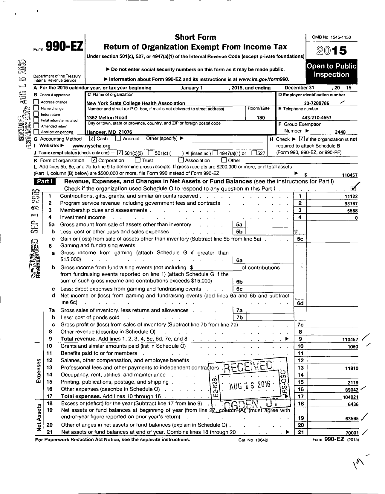 Image of first page of 2015 Form 990EZ for New York State College Health Association