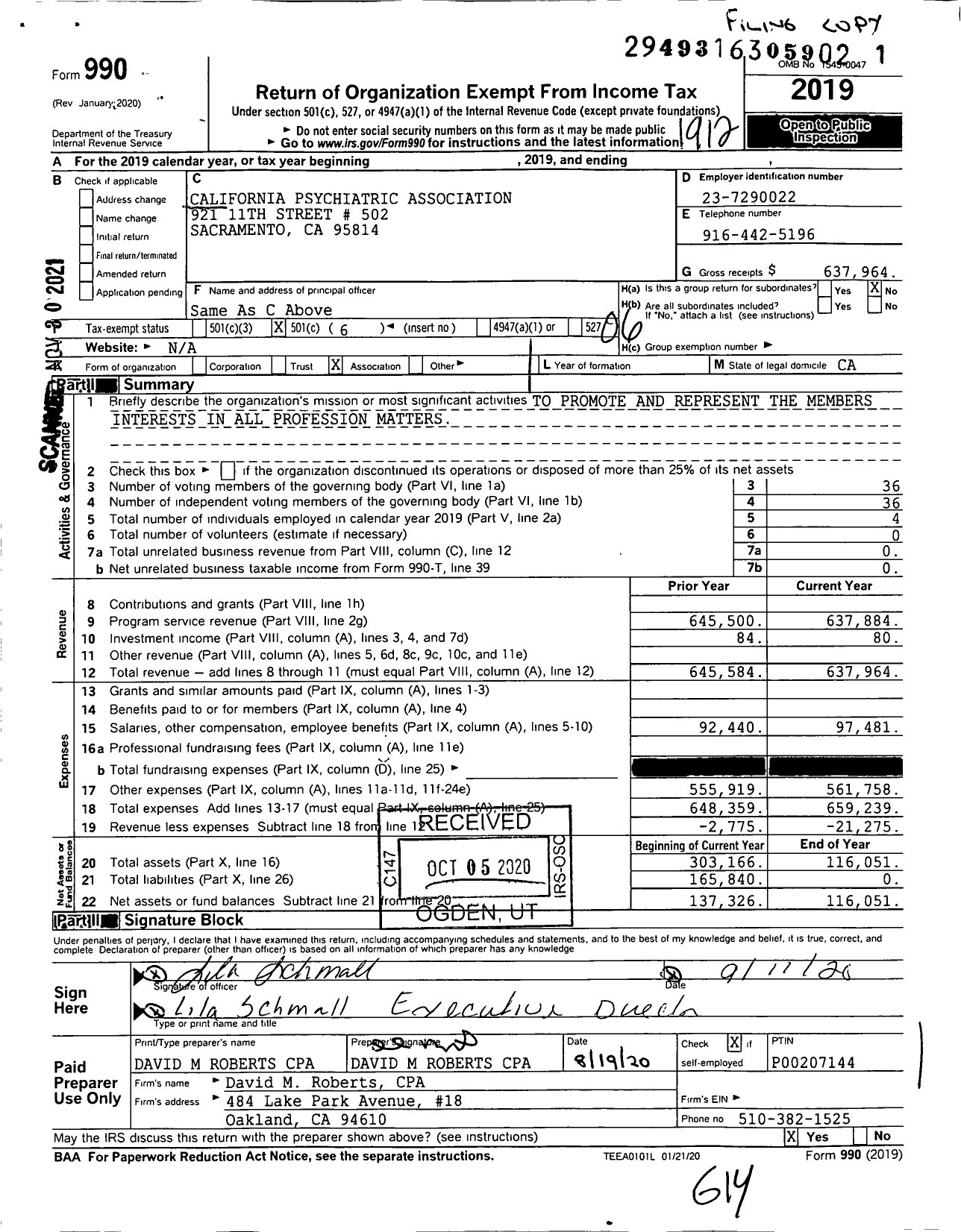 Image of first page of 2019 Form 990O for California Psychiatric Association